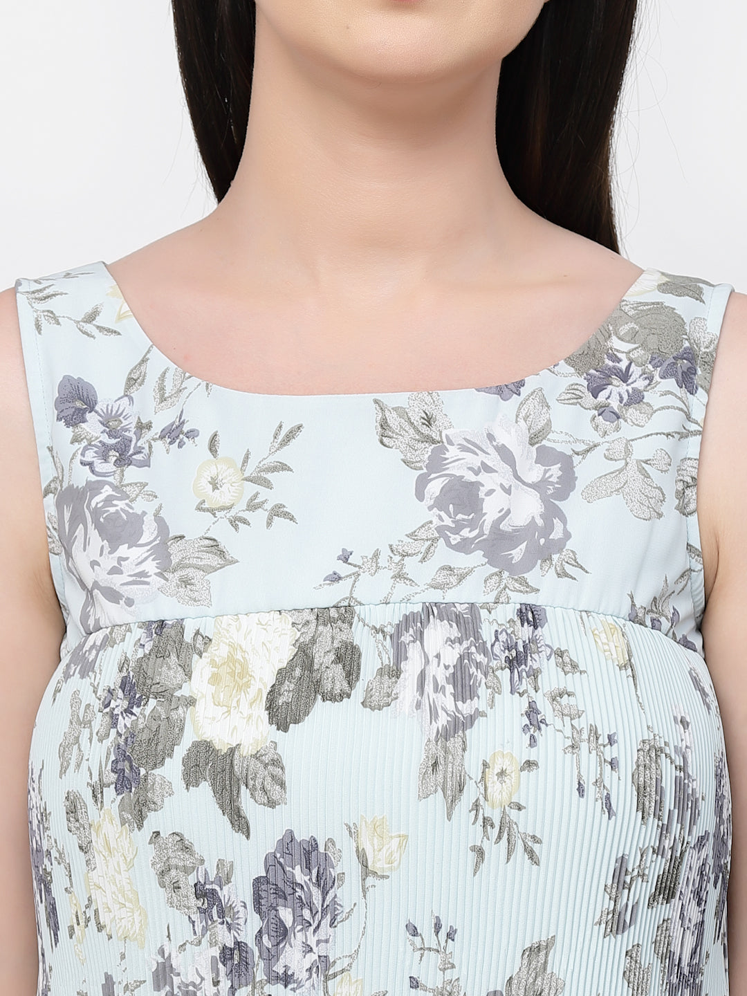 Double Layer Floral Pleated Dress for Ladies-4
