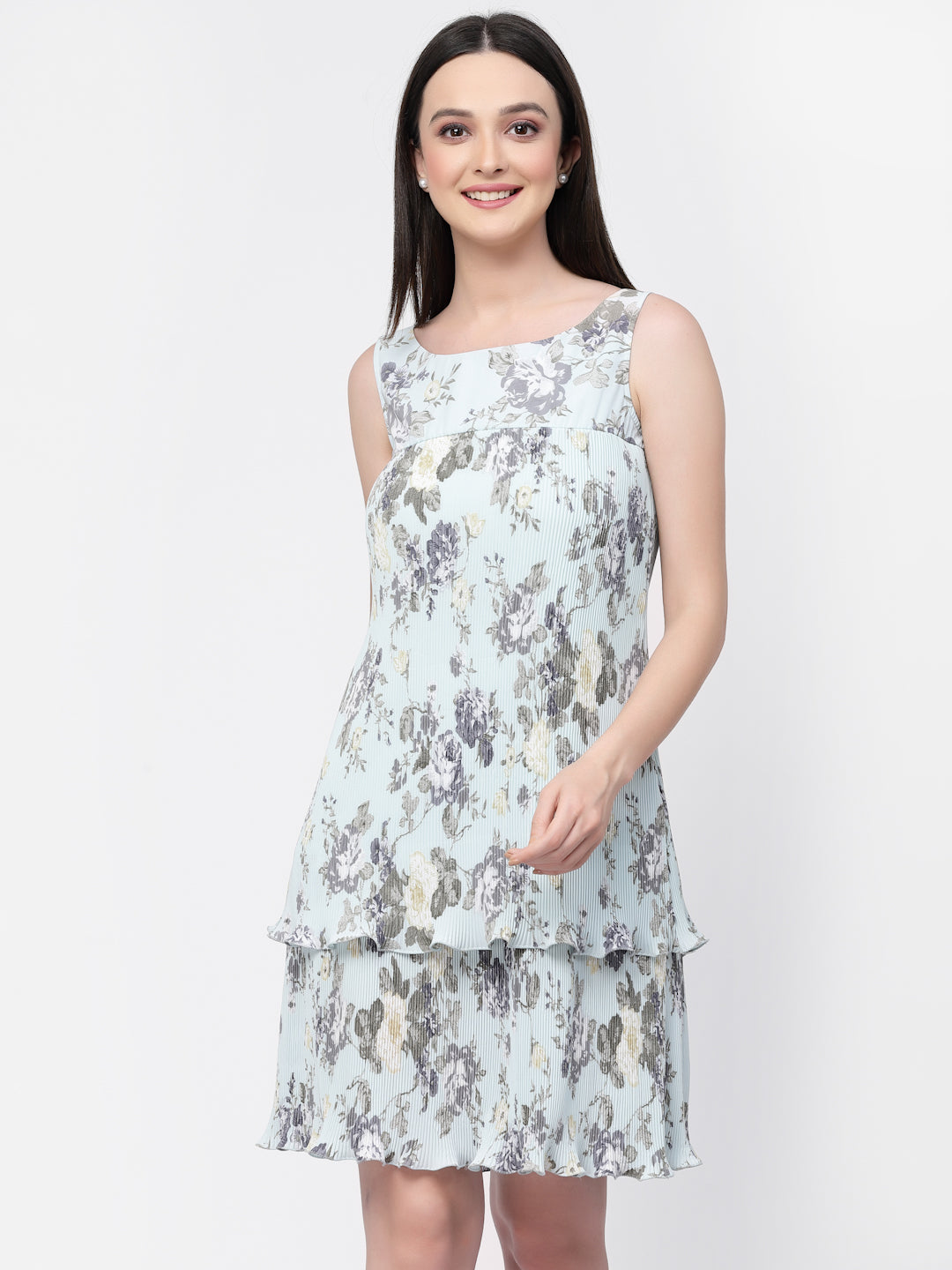Double Layer Floral Pleated Dress for Ladies