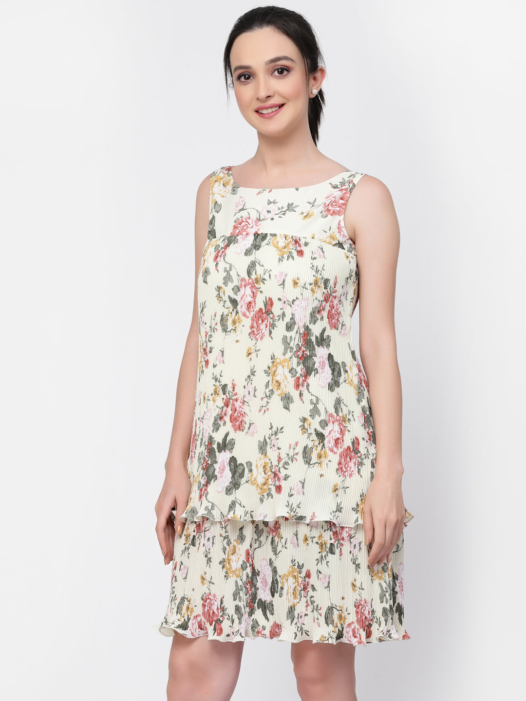 Women Floral Pleated Double Layer Dress-1