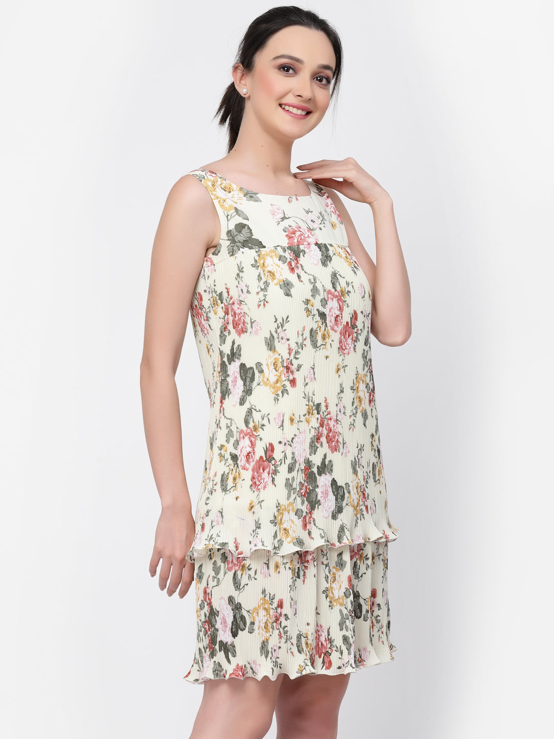 Women Floral Pleated Double Layer Dress-2