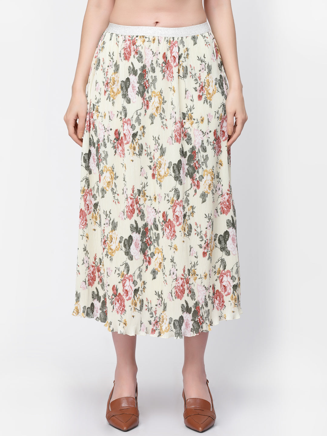 Floral Pleated Yellow Lining Skirts for Women