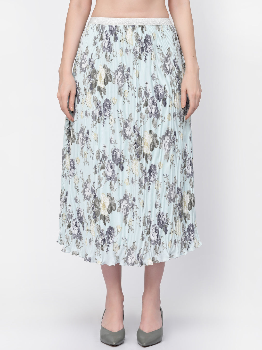 Floral Pleated Blue Lining Skirt for Women