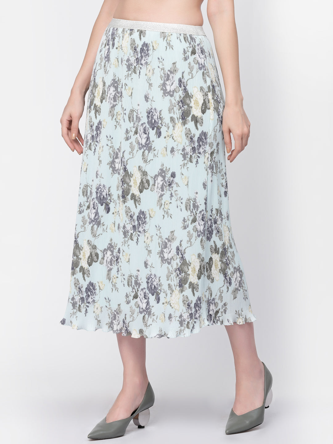 Floral Pleated Blue Lining Skirt for Women-1