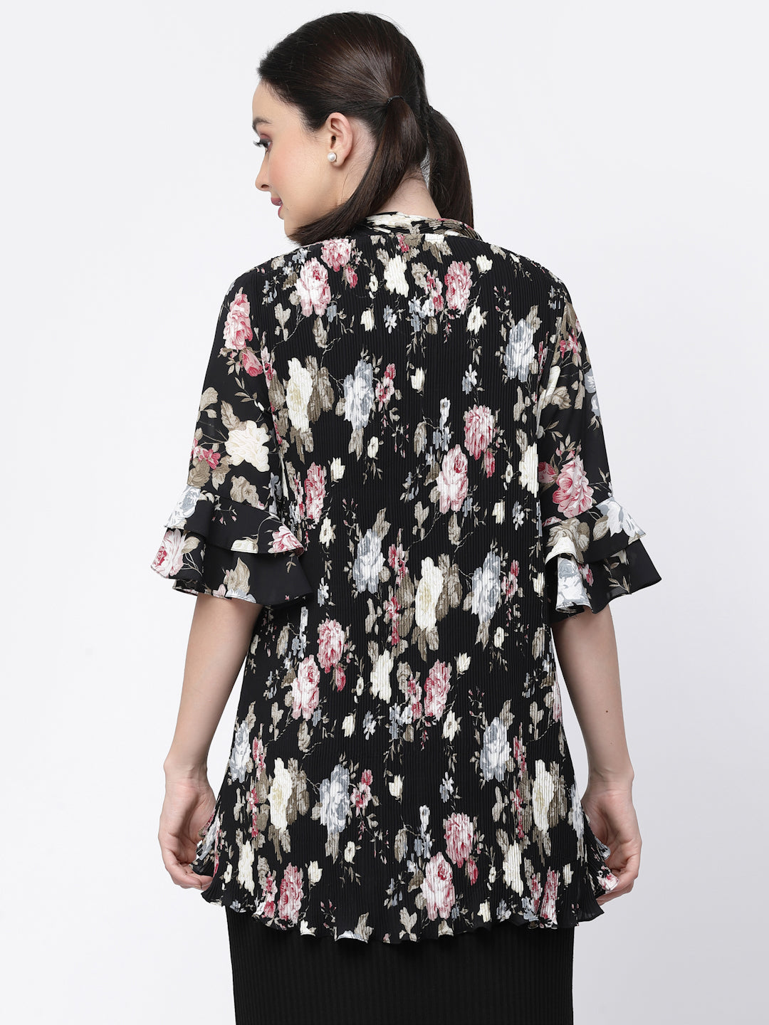 Floral Print Pleated Asymmetrical Shrug, women shrugs, stylish shrugs, long shrugs, party wear shrugs