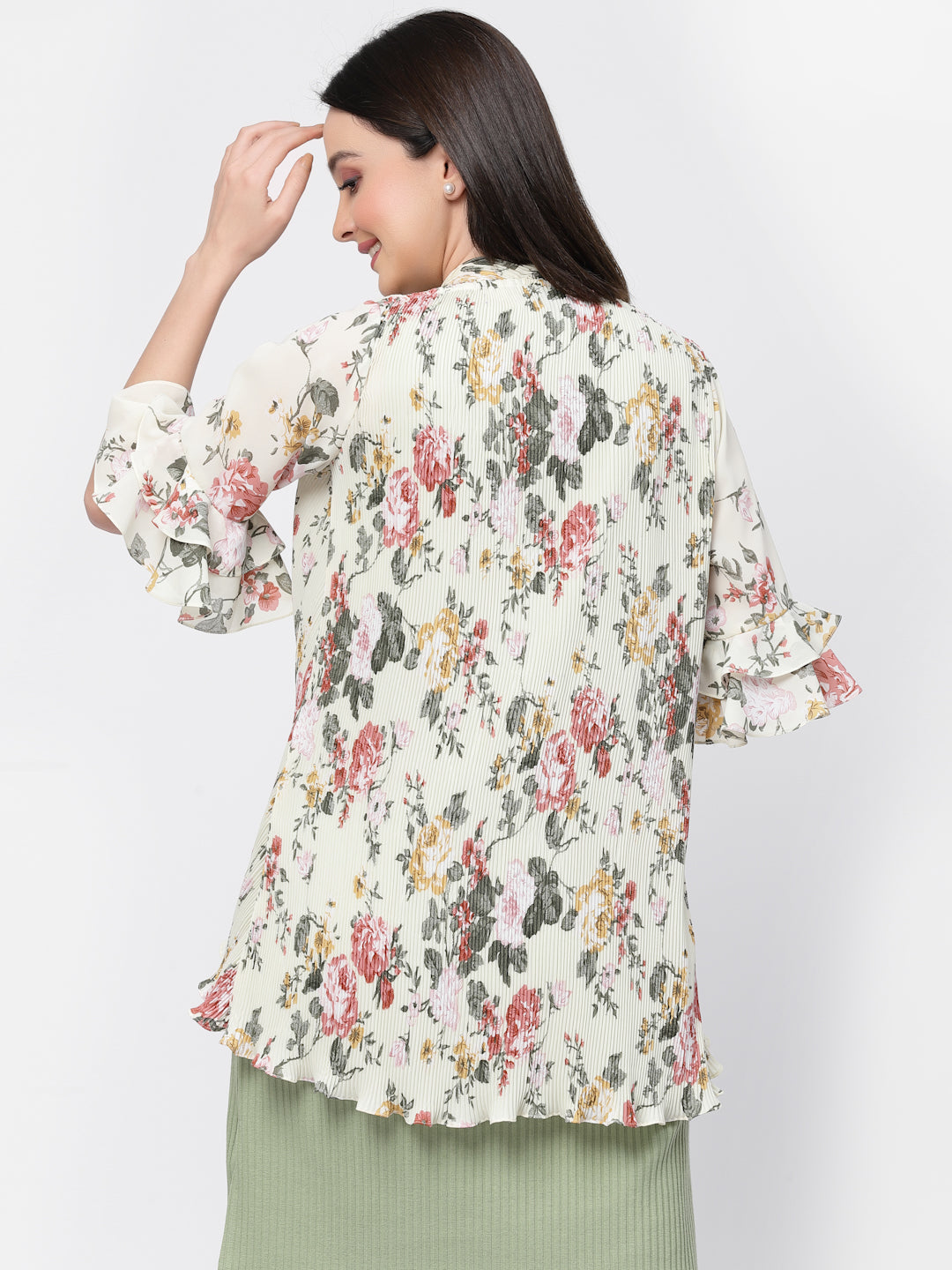 Floral Print Pleated Asymmetrical Shrug, women shrugs, stylish shrugs, long shrugs, party wear shrugs