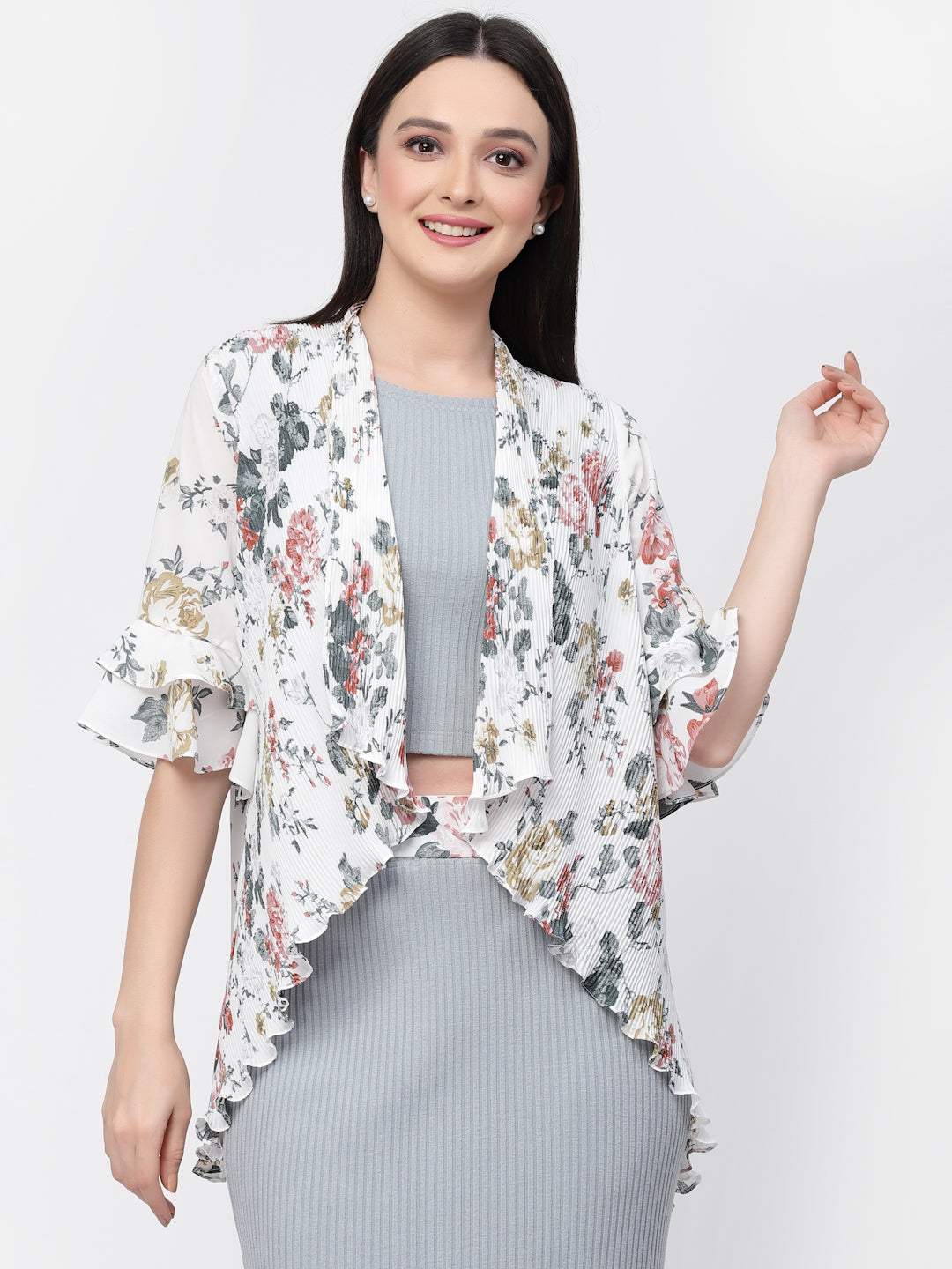 Floral Print Pleated Asymmetrical Shrug, women shrugs, stylish shrugs, long shrugs, party wear shrugs