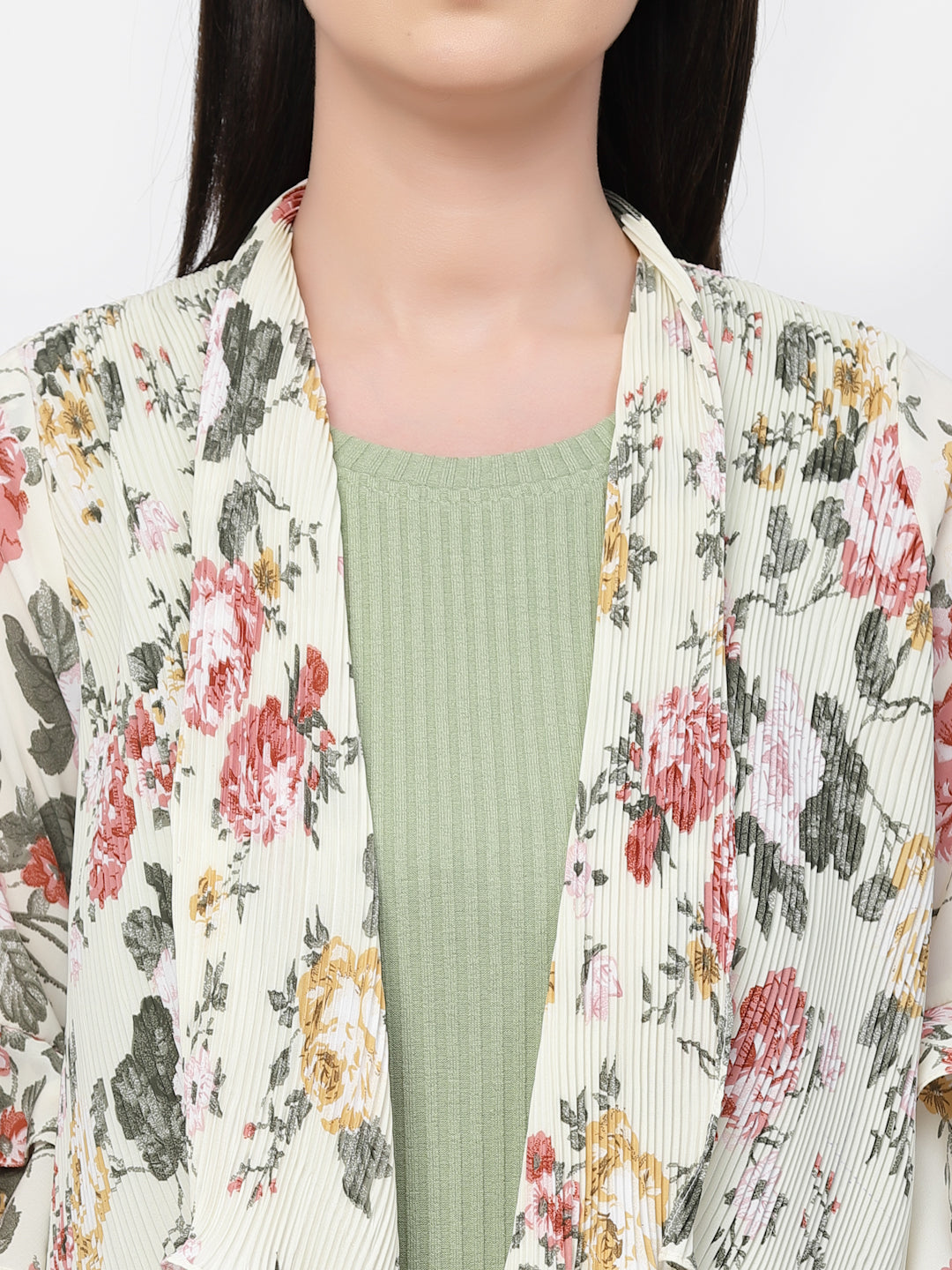 Floral Print Pleated Asymmetrical Shrug, women shrugs, stylish shrugs, long shrugs, party wear shrugs