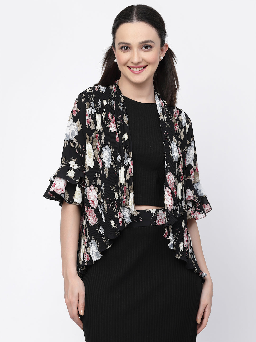 Floral Print Pleated Asymmetrical Shrug, women shrugs, stylish shrugs, long shrugs, party wear shrugs