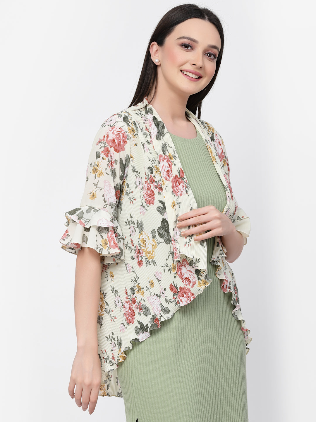 Floral Print Pleated Asymmetrical Shrug, women shrugs, stylish shrugs, long shrugs, party wear shrugs