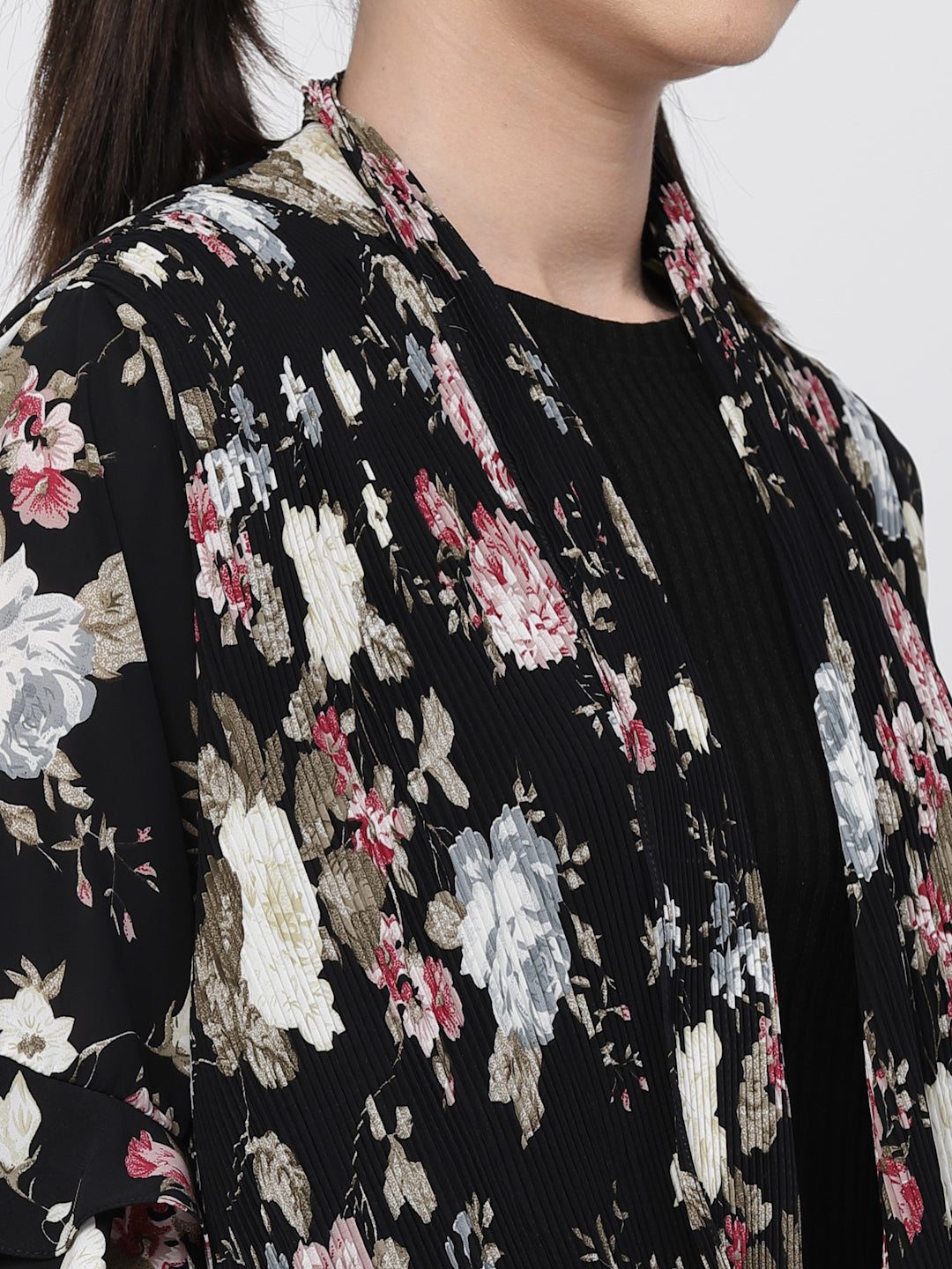 Floral Print Pleated Asymmetrical Shrug, women shrugs, stylish shrugs, long shrugs, party wear shrugs