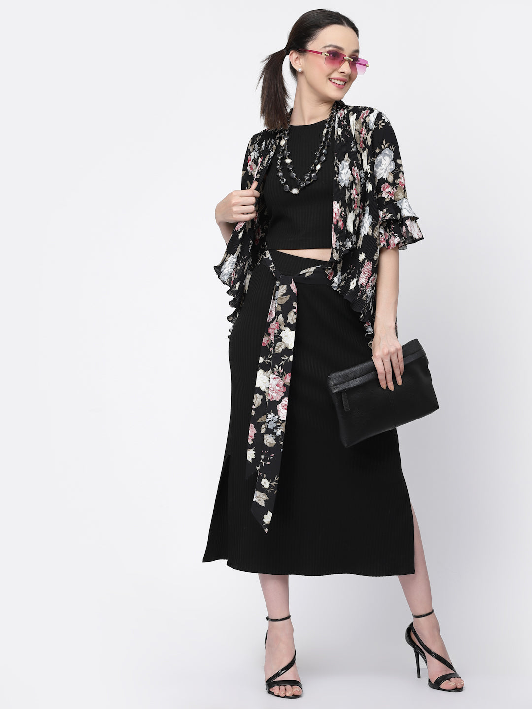 Floral Print Pleated Asymmetrical Shrug, women shrugs, stylish shrugs, long shrugs, party wear shrugs
