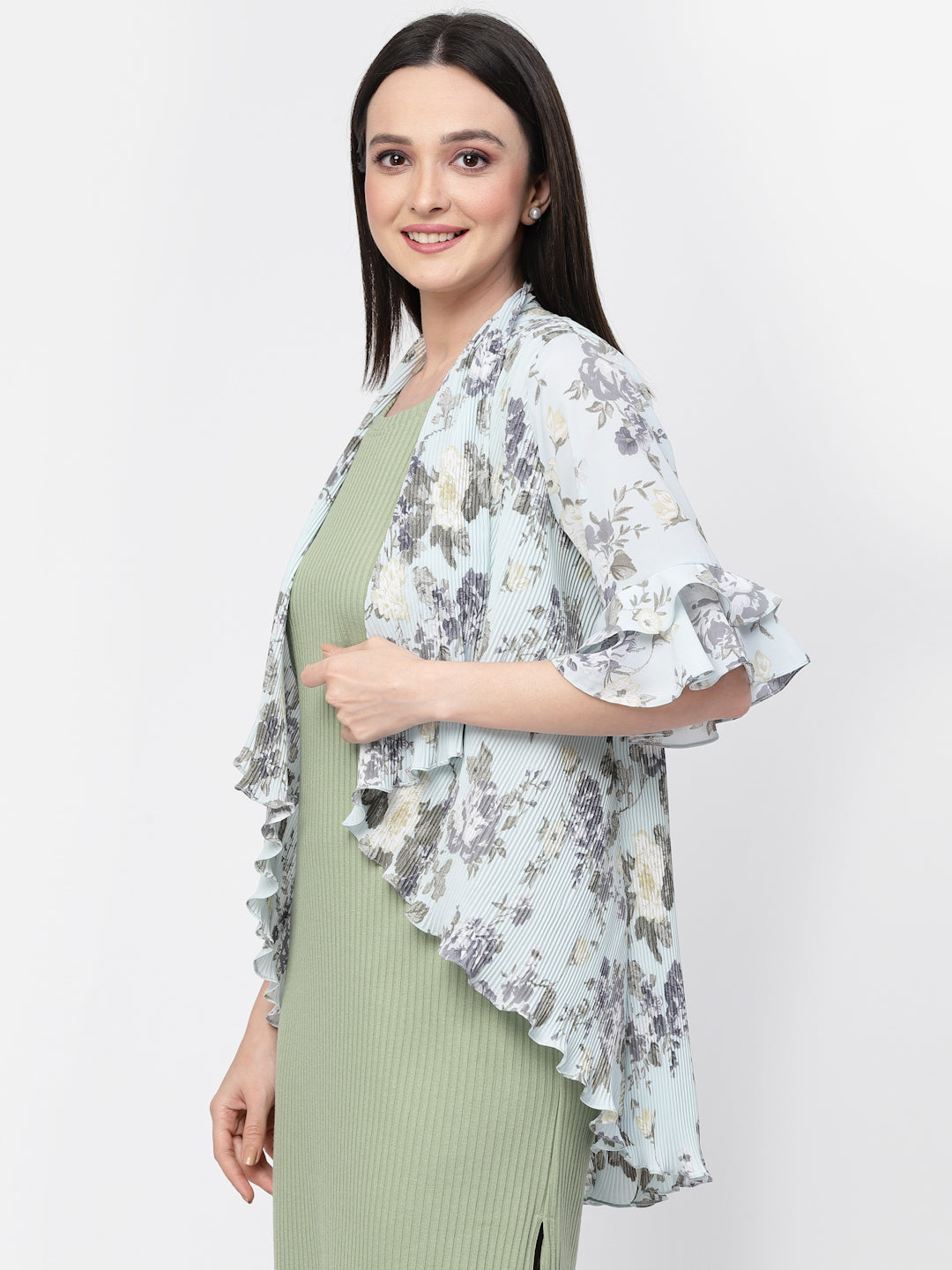 Floral Print Pleated Asymmetrical Shrug, women shrugs, stylish shrugs, long shrugs, party wear shrugs
