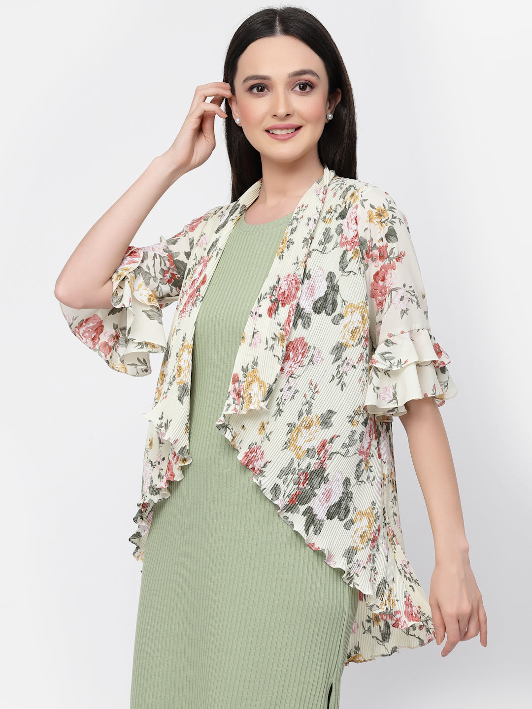 Floral Print Pleated Asymmetrical Shrug, women shrugs, stylish shrugs, long shrugs, party wear shrugs