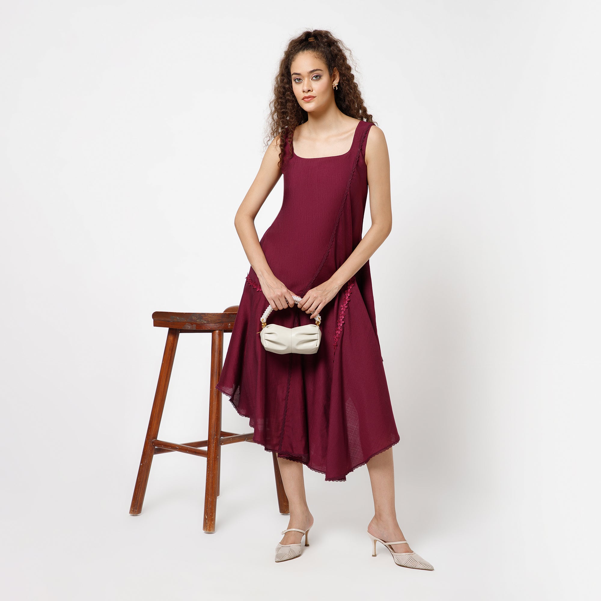 Prune Square Neck Dress With Lace