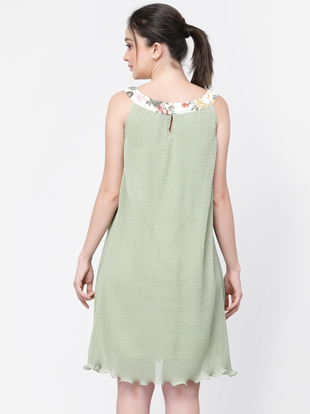 Georgette Pleated Boat Neck Dress for Women-4