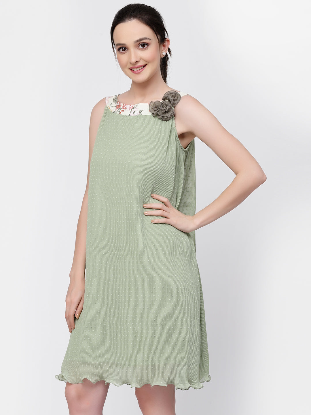 Georgette Pleated Boat Neck Dress for Women-1