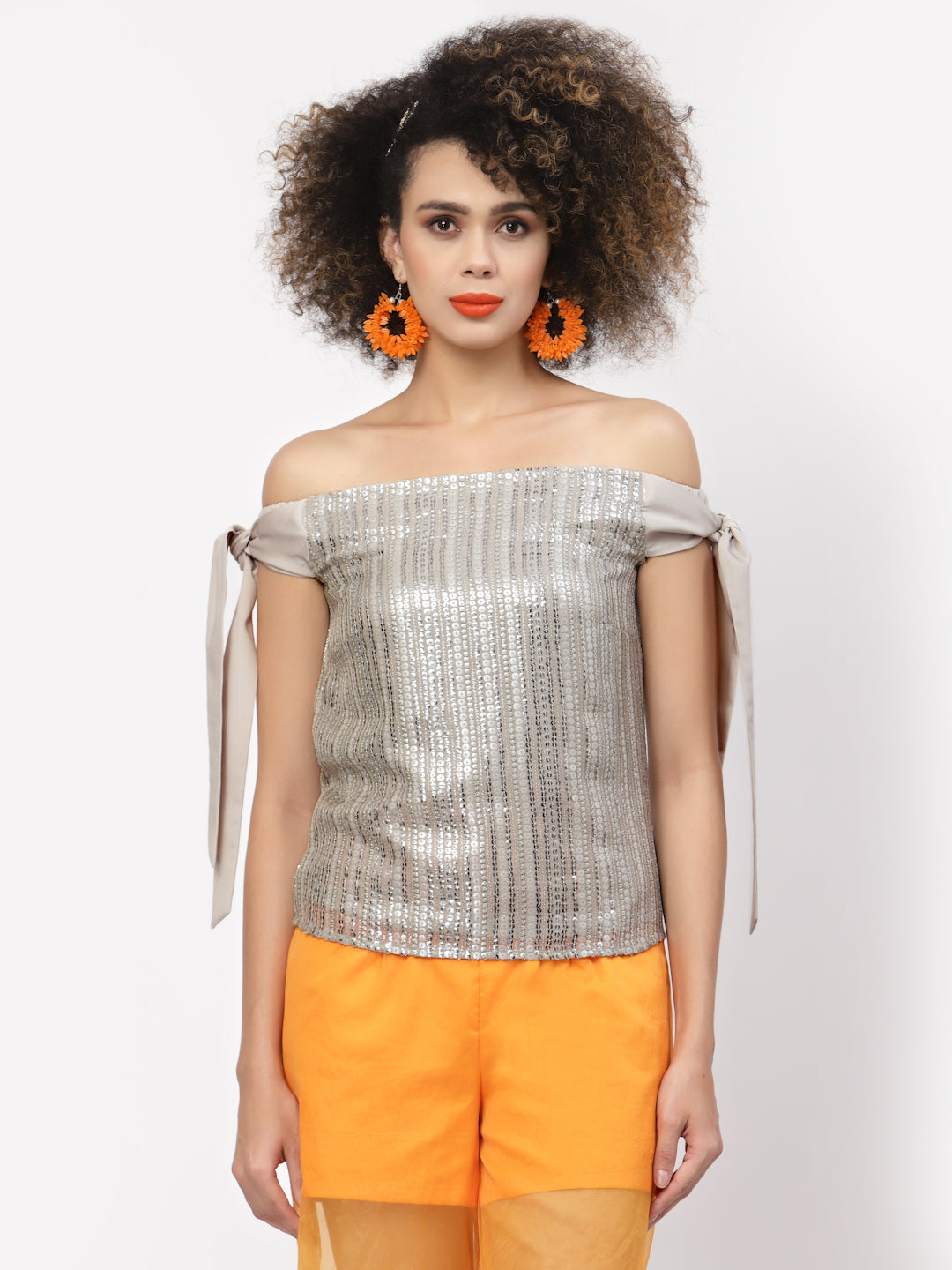Golden Sequins Off Shoulder Top With Tie Knot