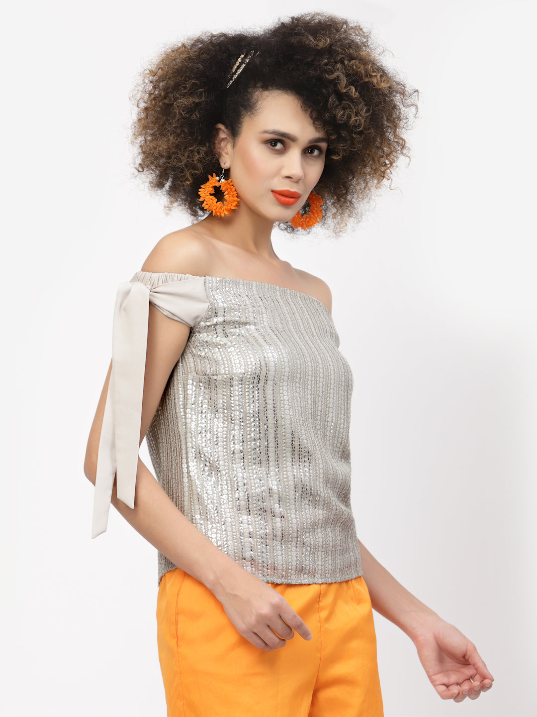 Golden Sequins Off Shoulder Top With Tie Knot, tops for women, crop top, crop tops for women, organza tops