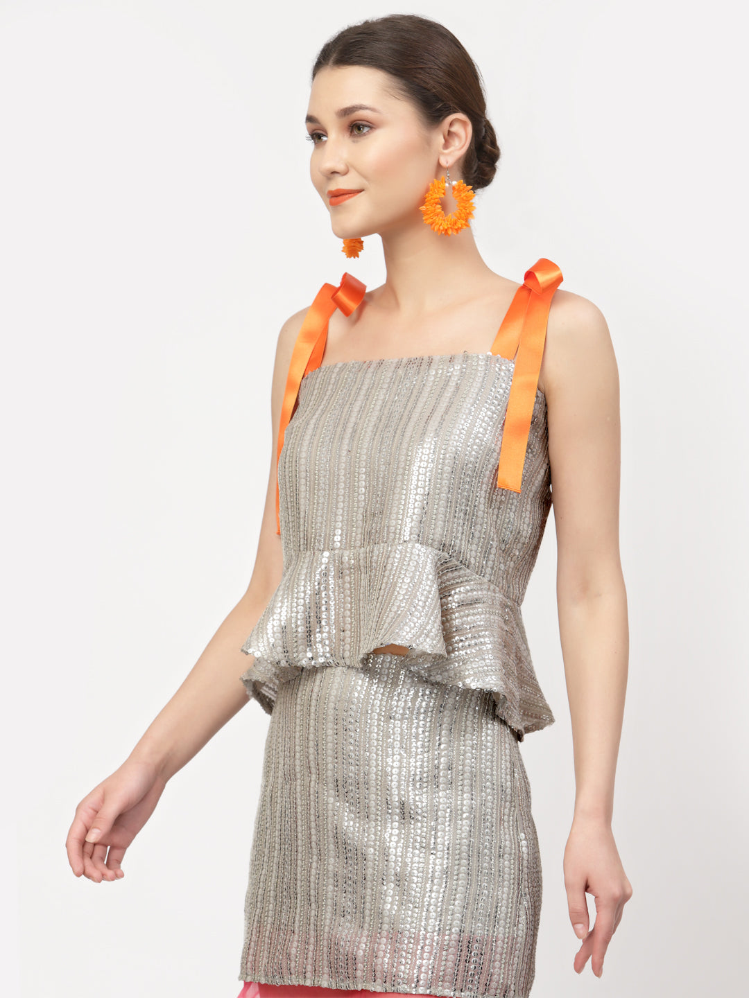 Golden Sequins Peplum Top With Orange Tie Knot, tops for women, crop top, crop tops for women, organza tops