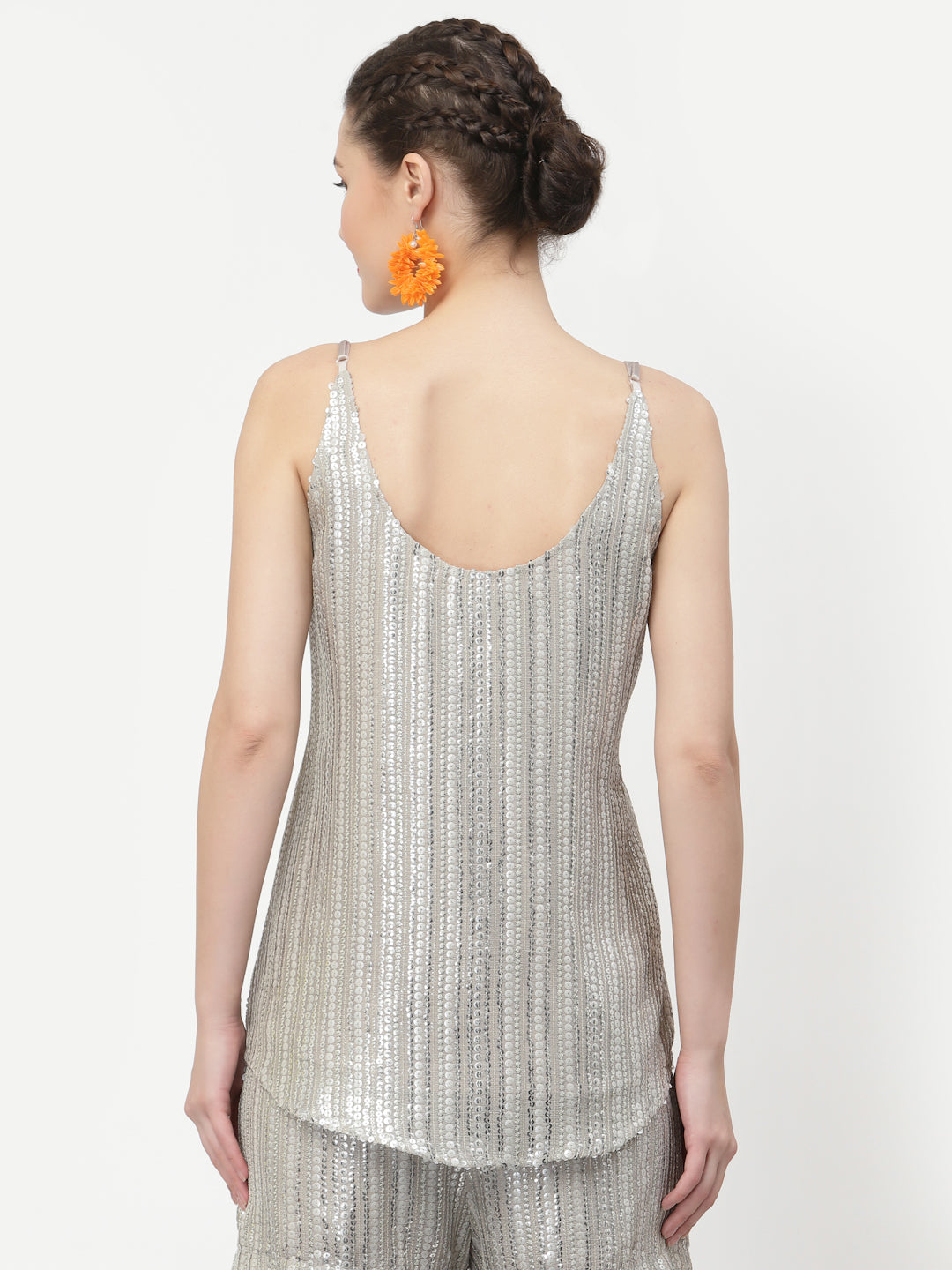 Golden Sequins Spaghetti Top With Lace At Neck, tops for women, crop top, crop tops for women, organza tops