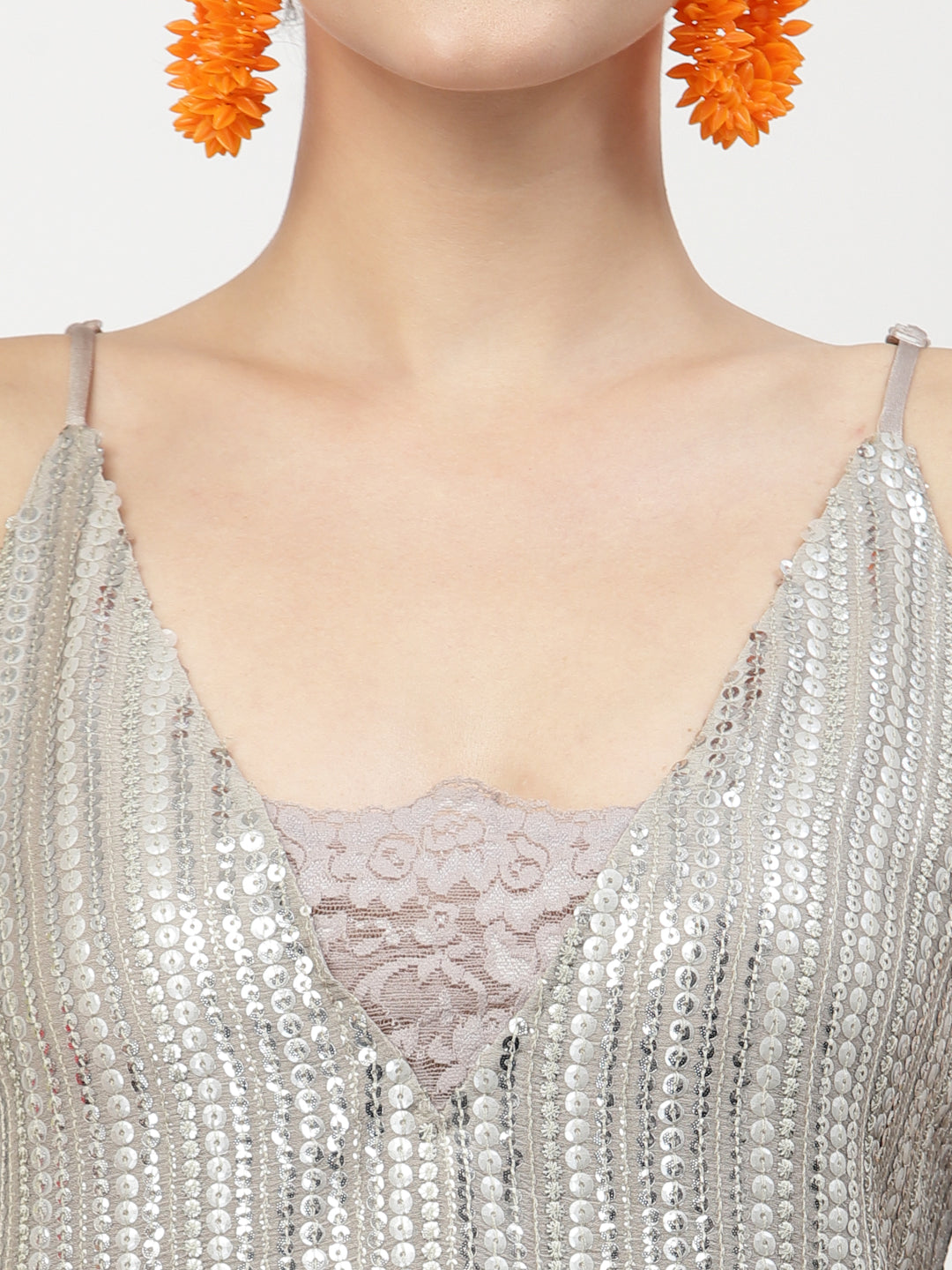 Golden Sequins Spaghetti Top With Lace At Neck, tops for women, crop top, crop tops for women, organza tops