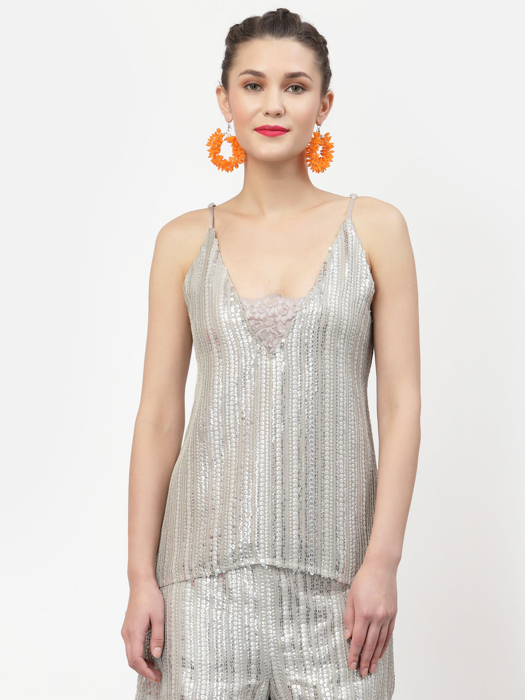 Golden Sequins Spaghetti Top With Lace