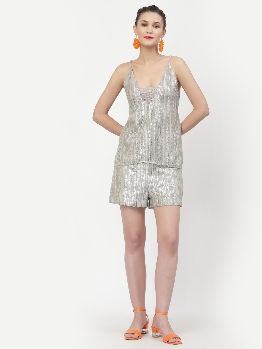Golden Sequins Spaghetti Top With Lace At Neck, tops for women, crop top, crop tops for women, organza tops