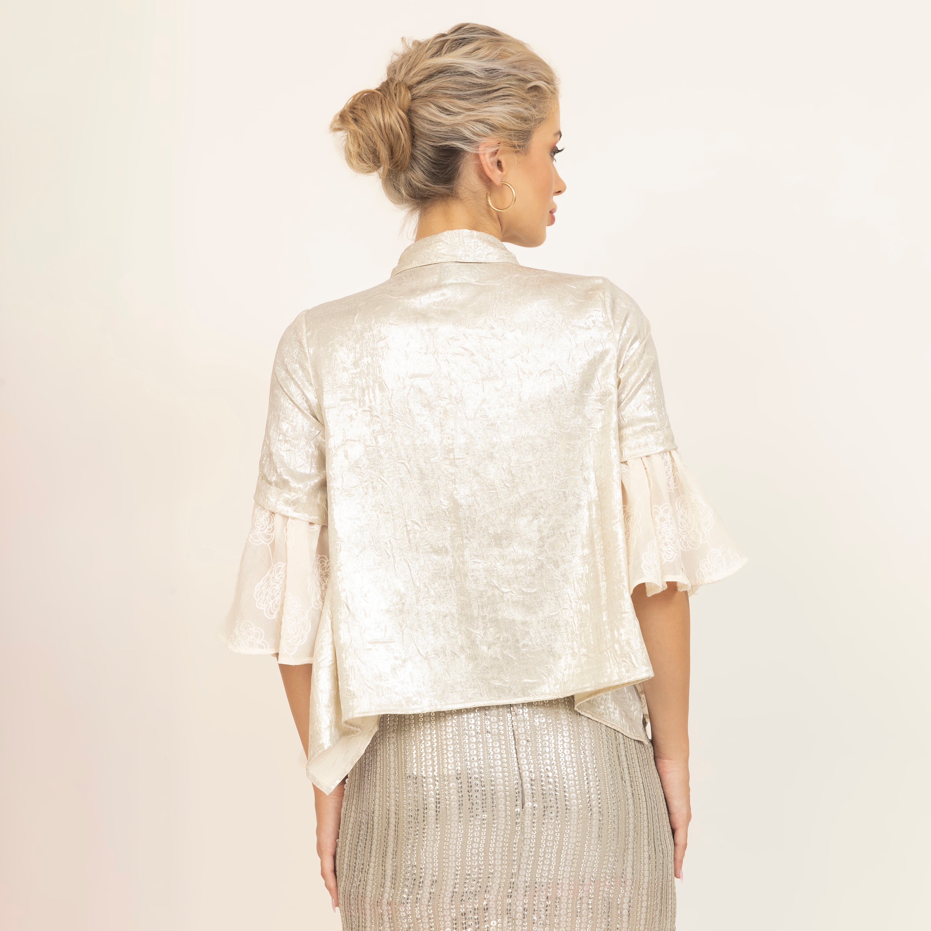 Golden Top With Foil Print and Silk Embroidery, buttons, women tops, crop tops, sleeve design, design