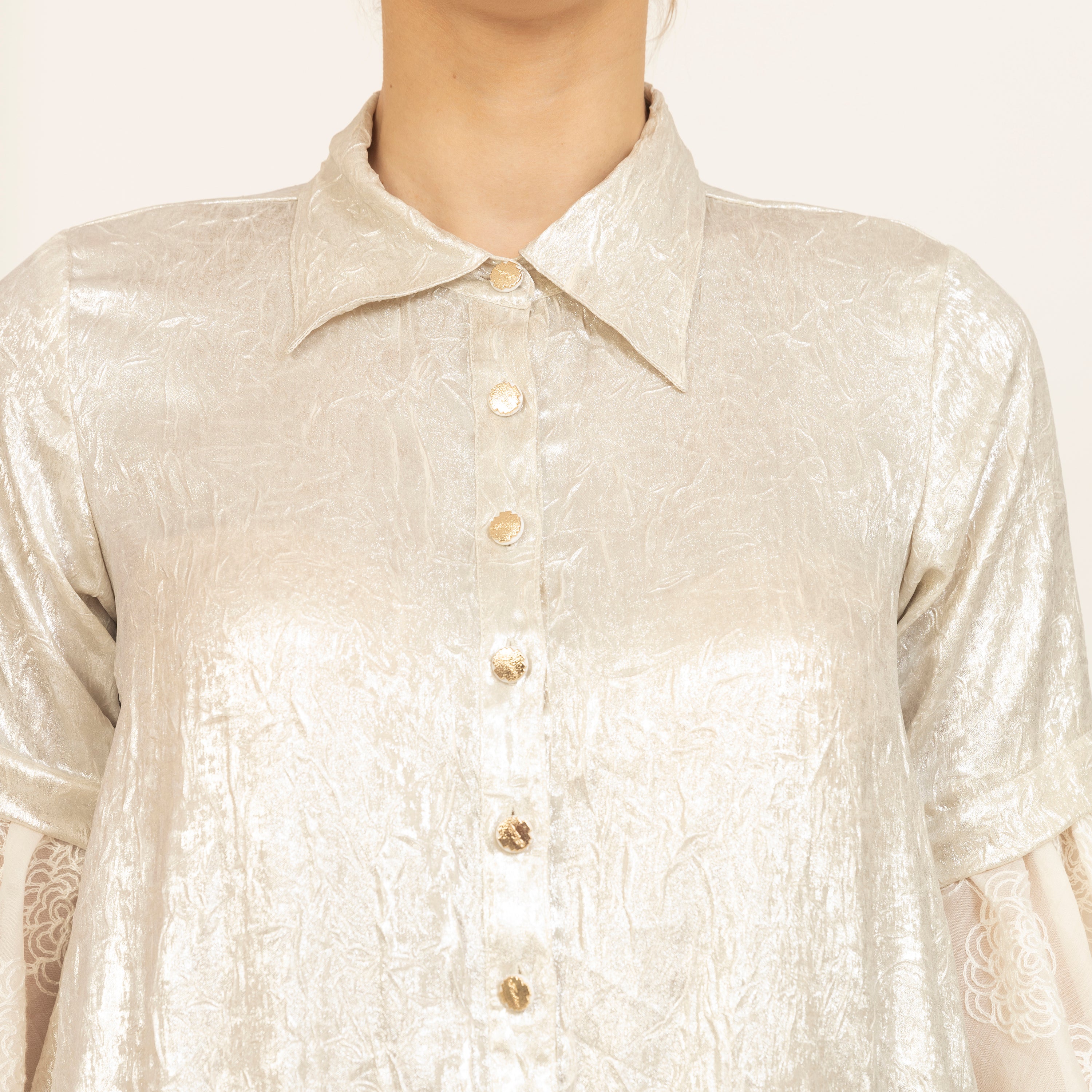 Golden Top With Foil Print and Silk Embroidery, buttons, women tops, crop tops, sleeve design, design