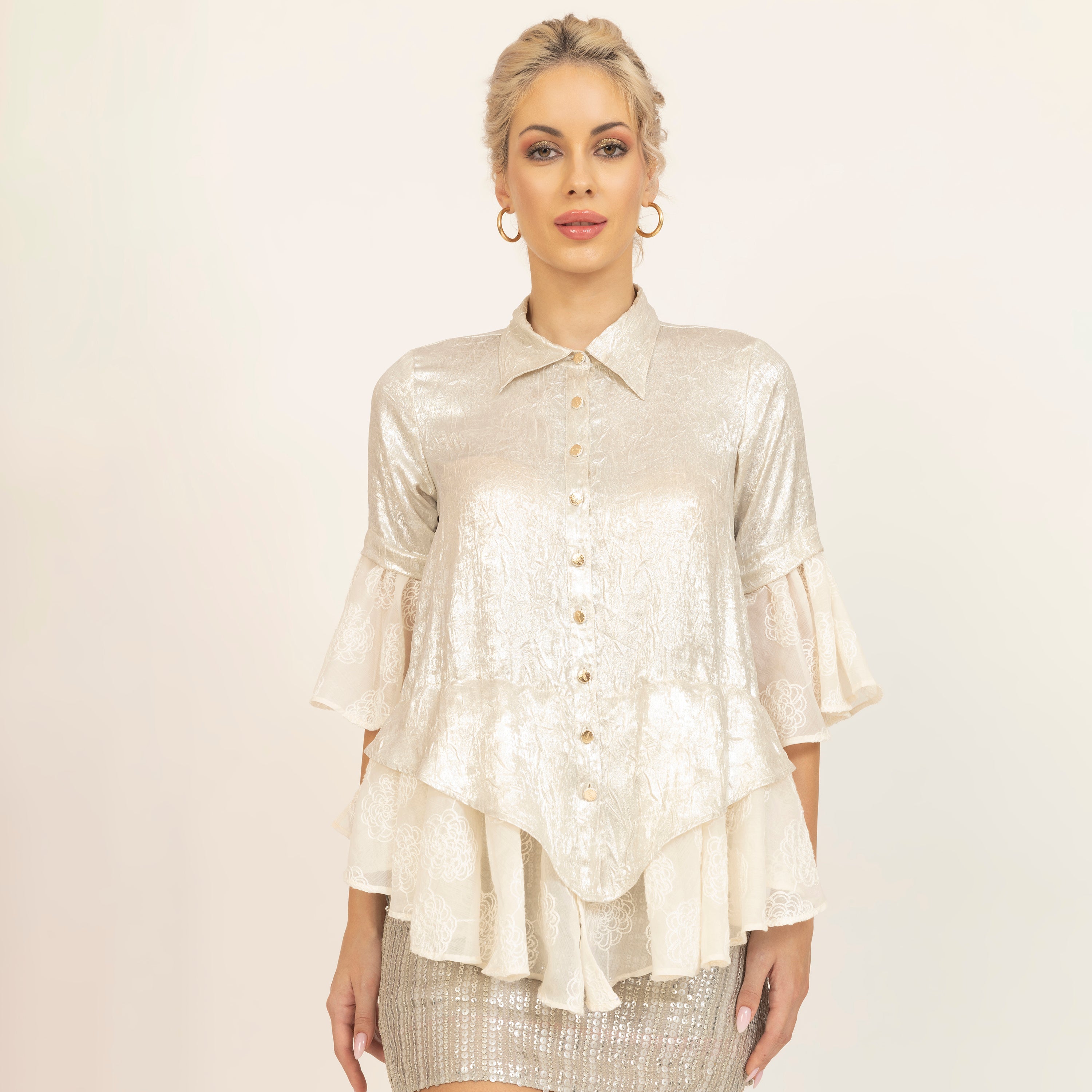 Golden Top With Foil Print and Silk Embroidery, buttons, women tops, crop tops, sleeve design, design