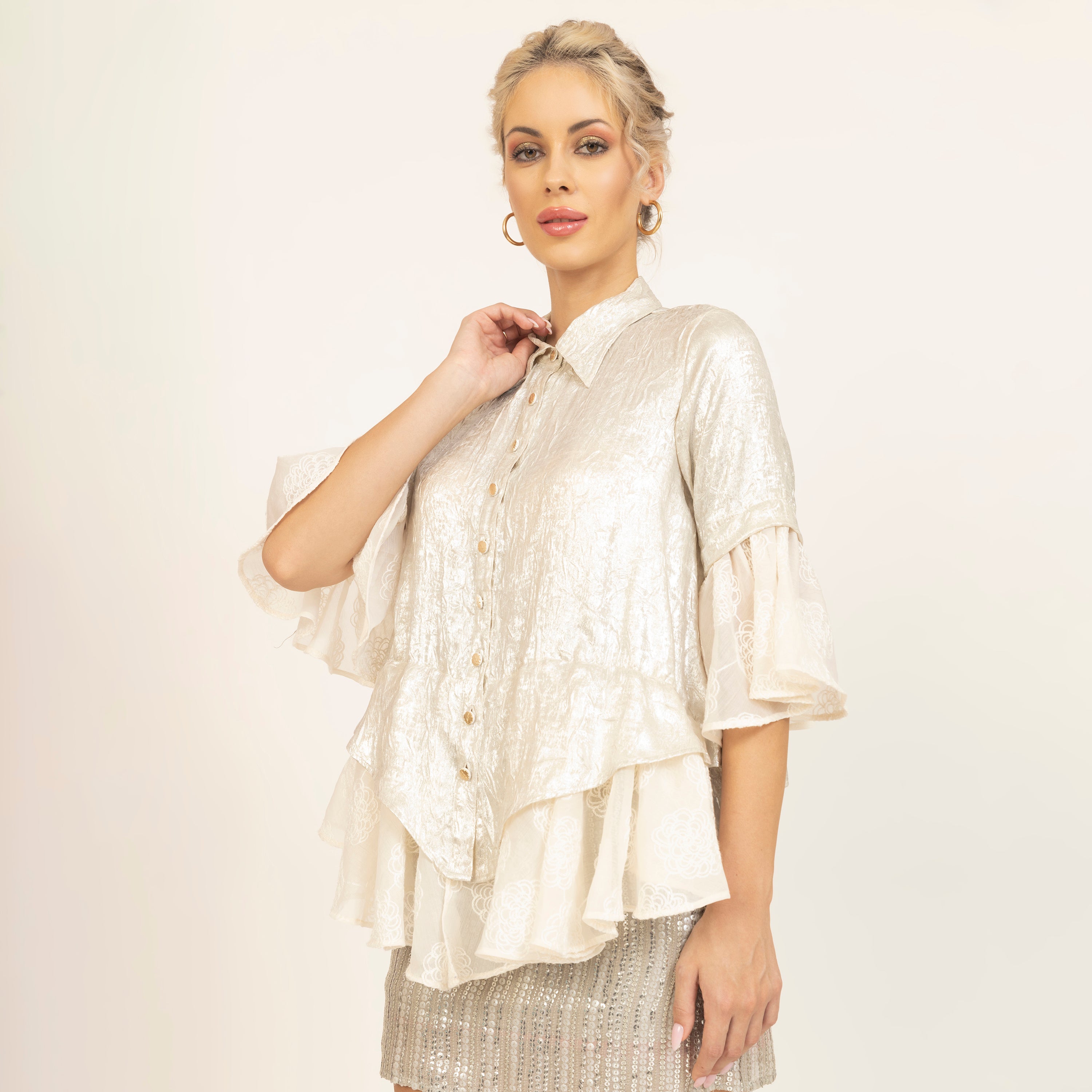 Golden Top With Foil Print and Silk Embroidery, buttons, women tops, crop tops, sleeve design, design