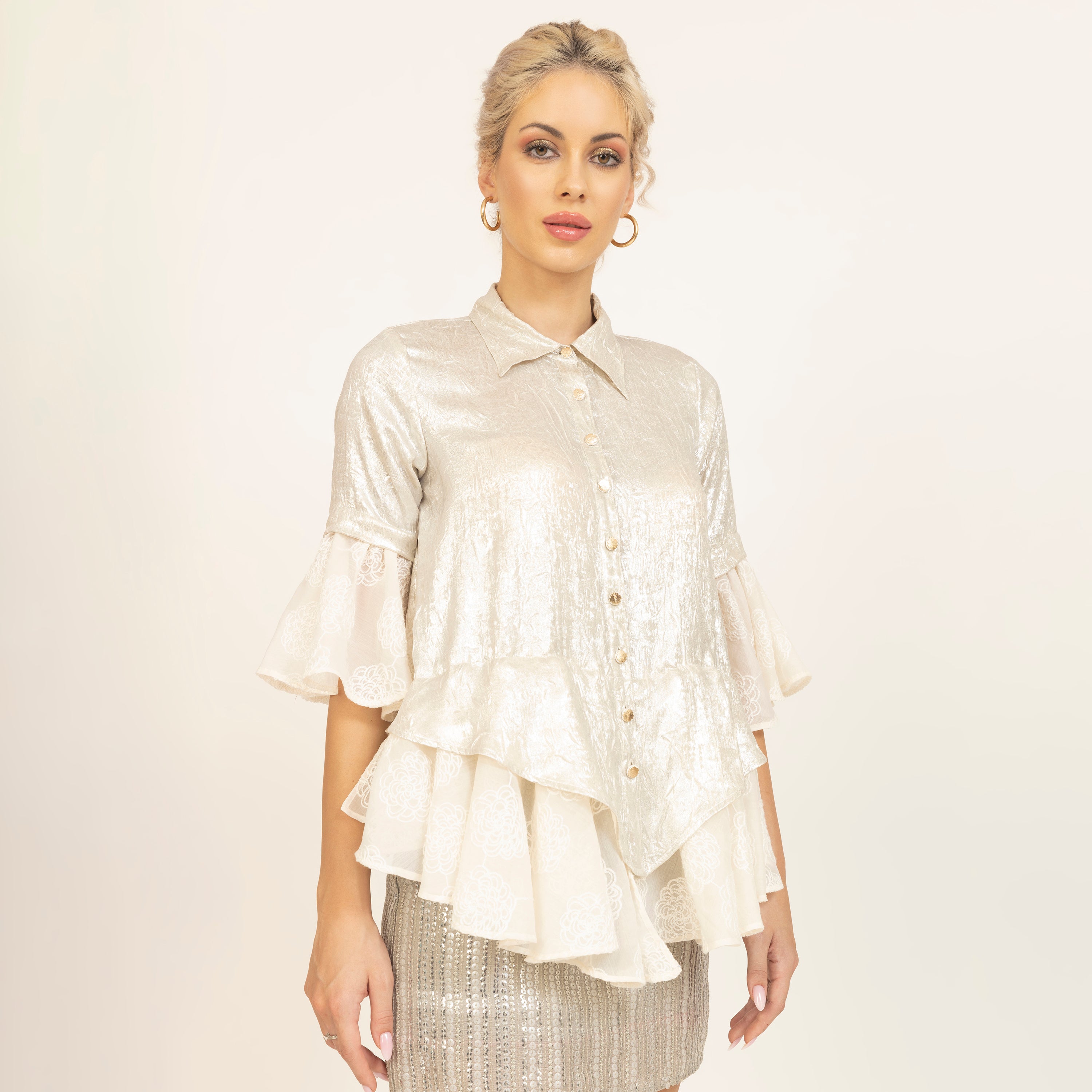 Golden Top With Foil Print and Silk Embroidery, buttons, women tops, crop tops, sleeve design, design
