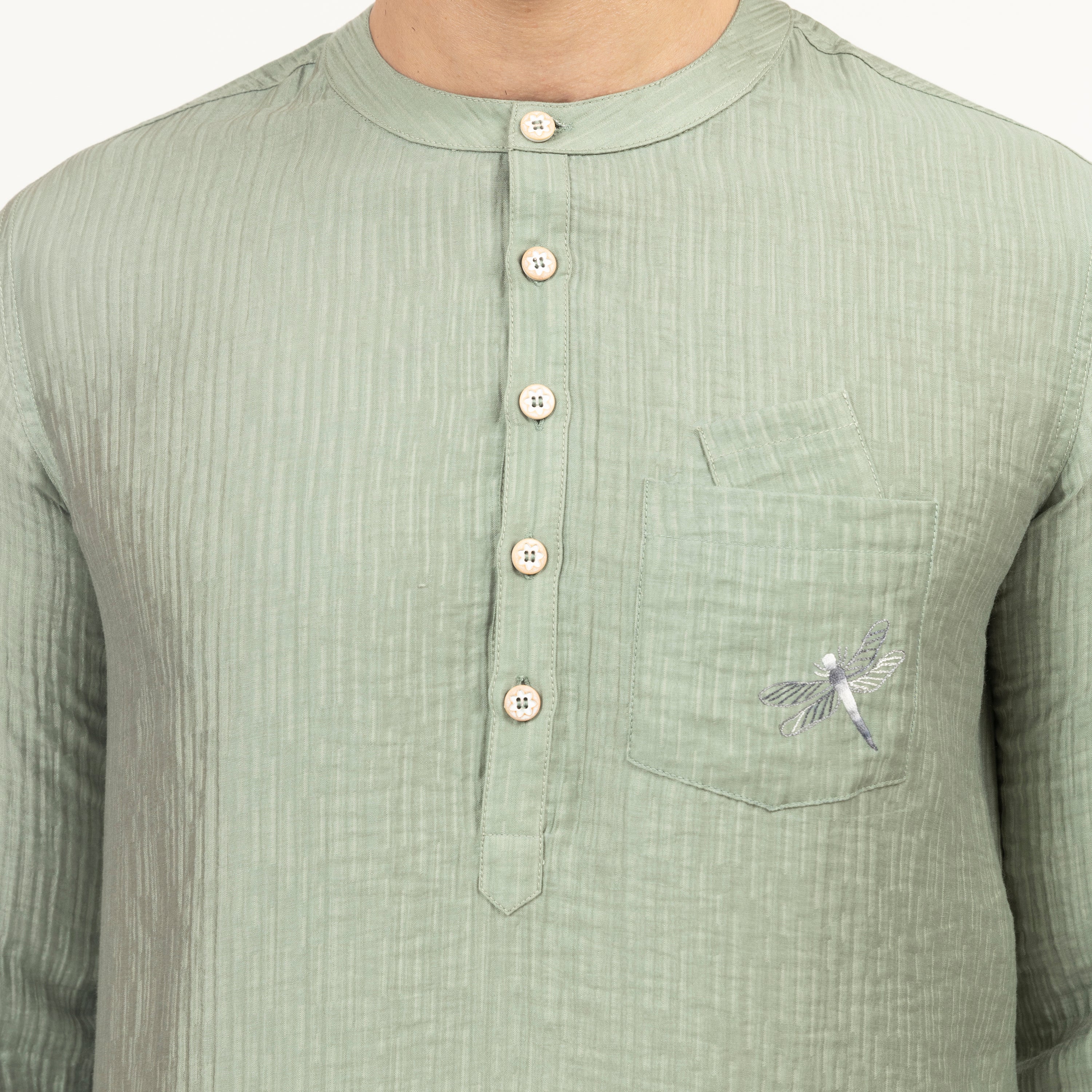 Green Double Gauze Kurta With Dragonfly Embroidery, men kurta ,designer kurta, Kurta design, kurta designs for men, men wear