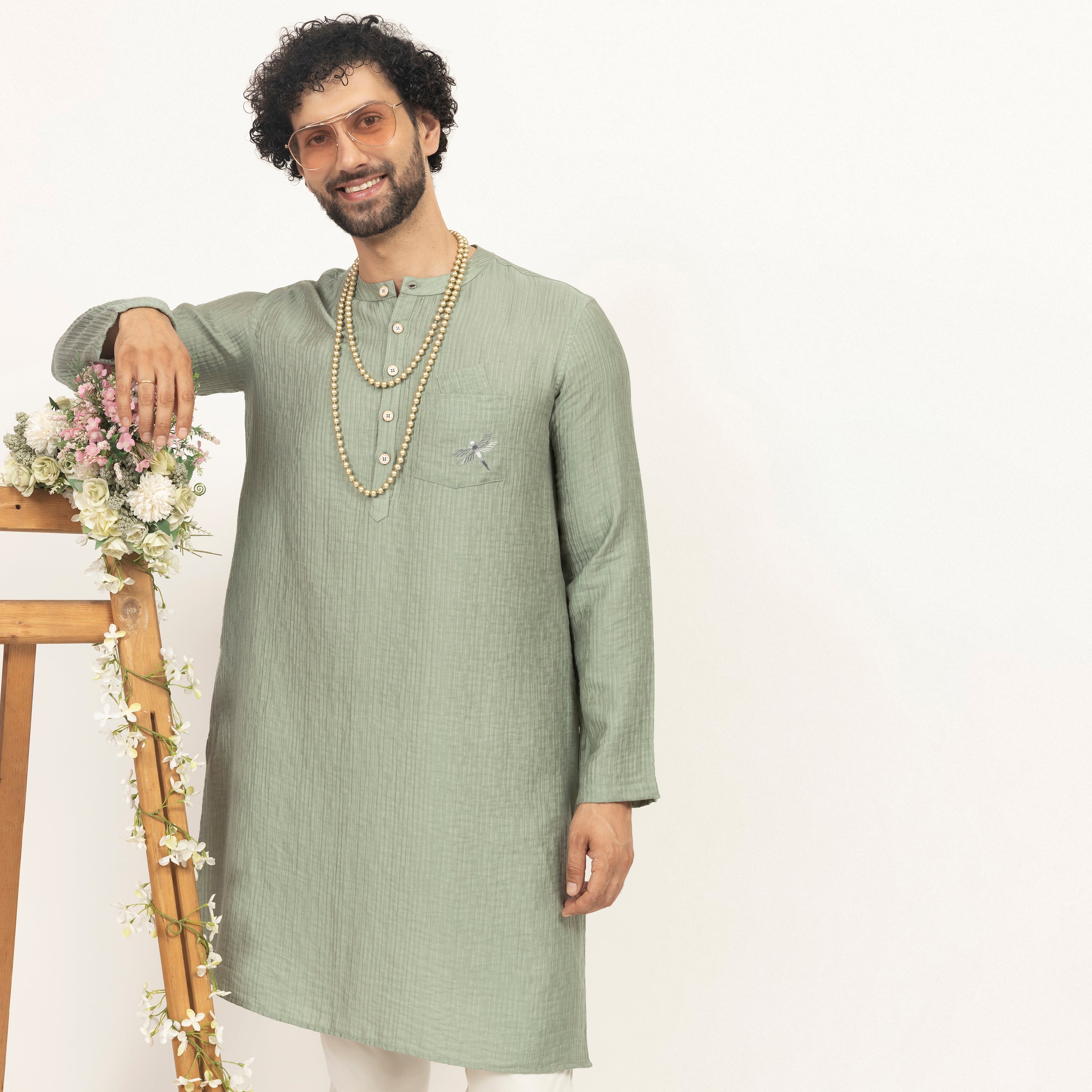 Green Double Gauze Kurta With Dragonfly Embroidery, men kurta ,designer kurta, Kurta design, kurta designs for men, men wear