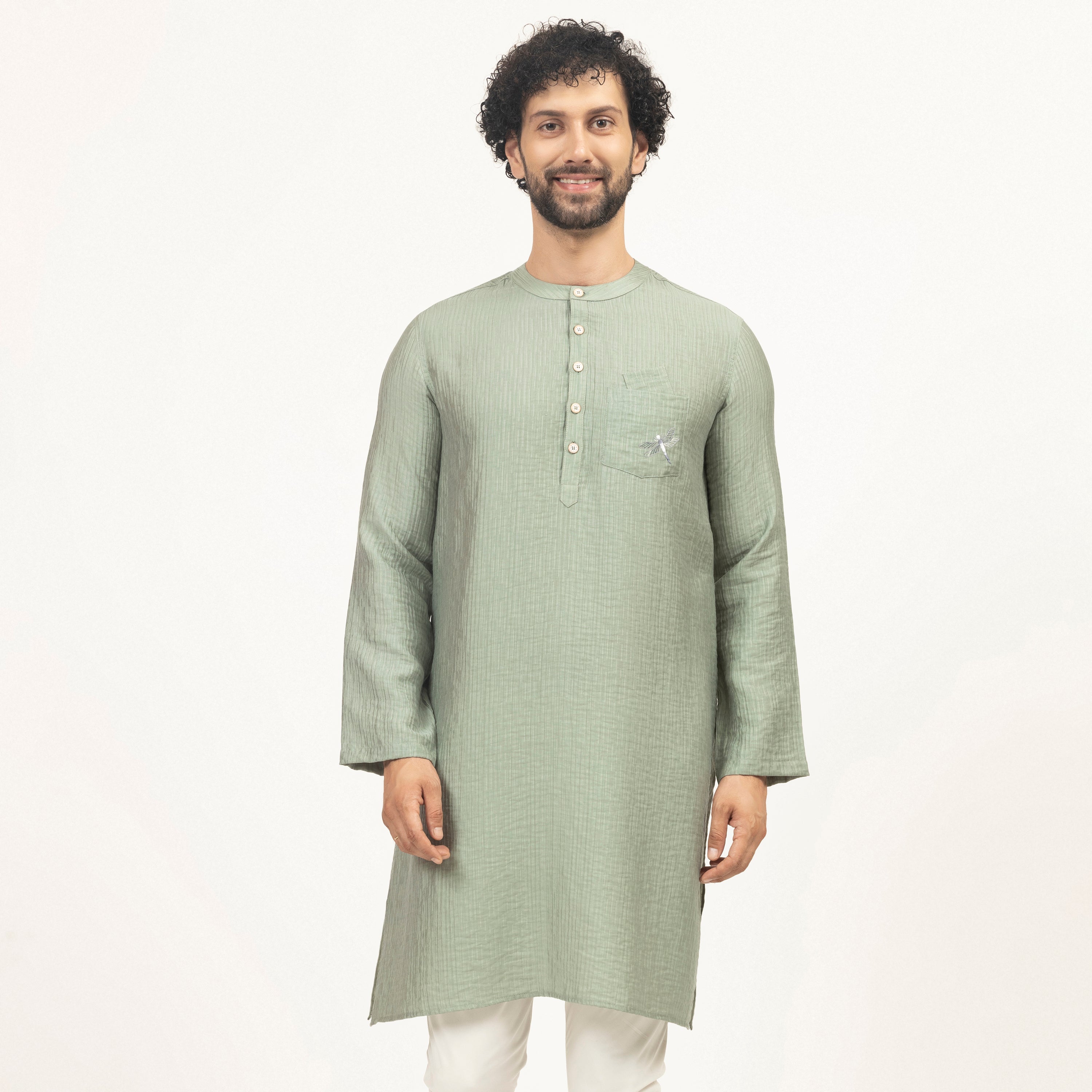Green Double Gauze Kurta With Dragonfly Embroidery, men kurta ,designer kurta, Kurta design, kurta designs for men, men wear