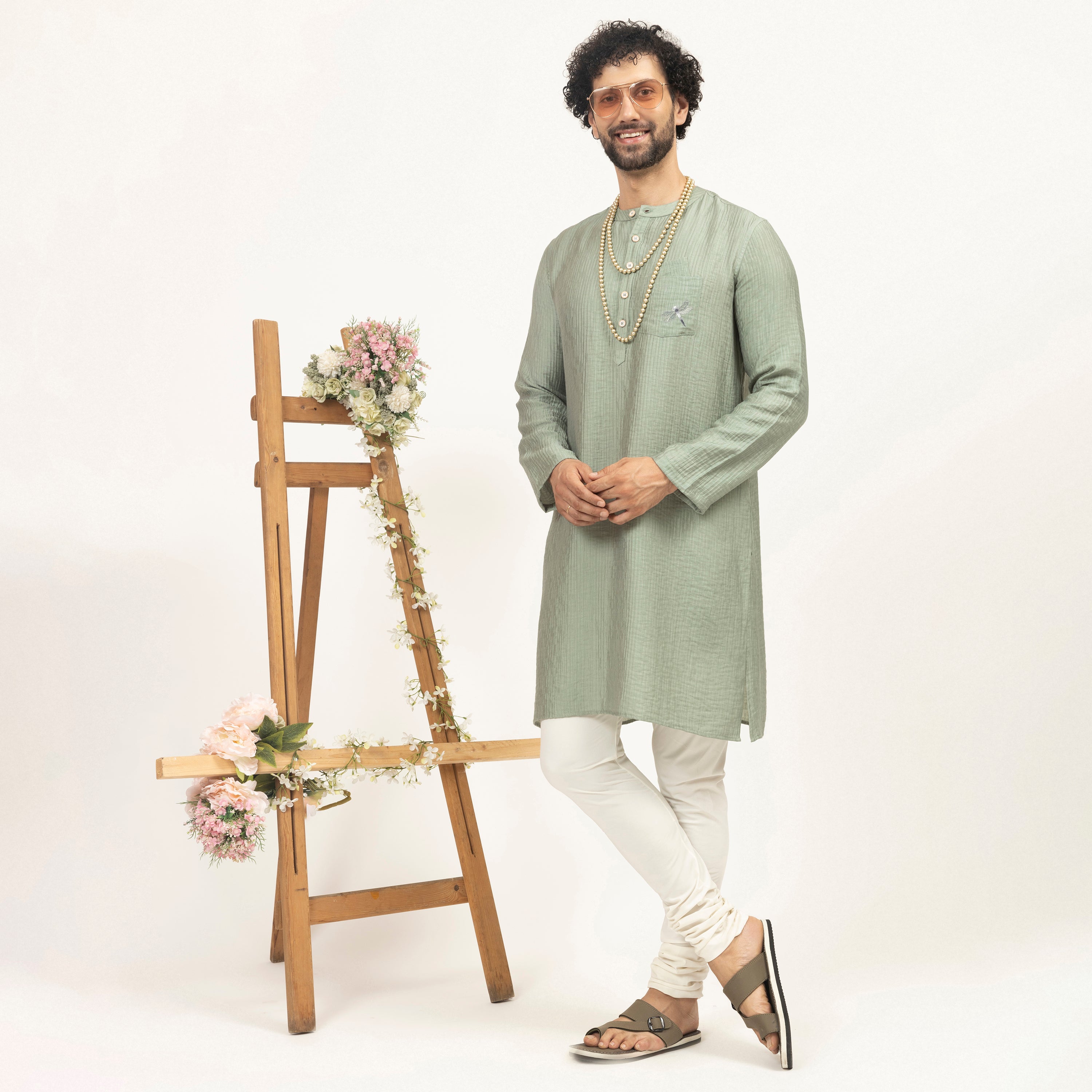 Green Double Gauze Kurta With Dragonfly Embroidery, men kurta ,designer kurta, Kurta design, kurta designs for men, men wear
