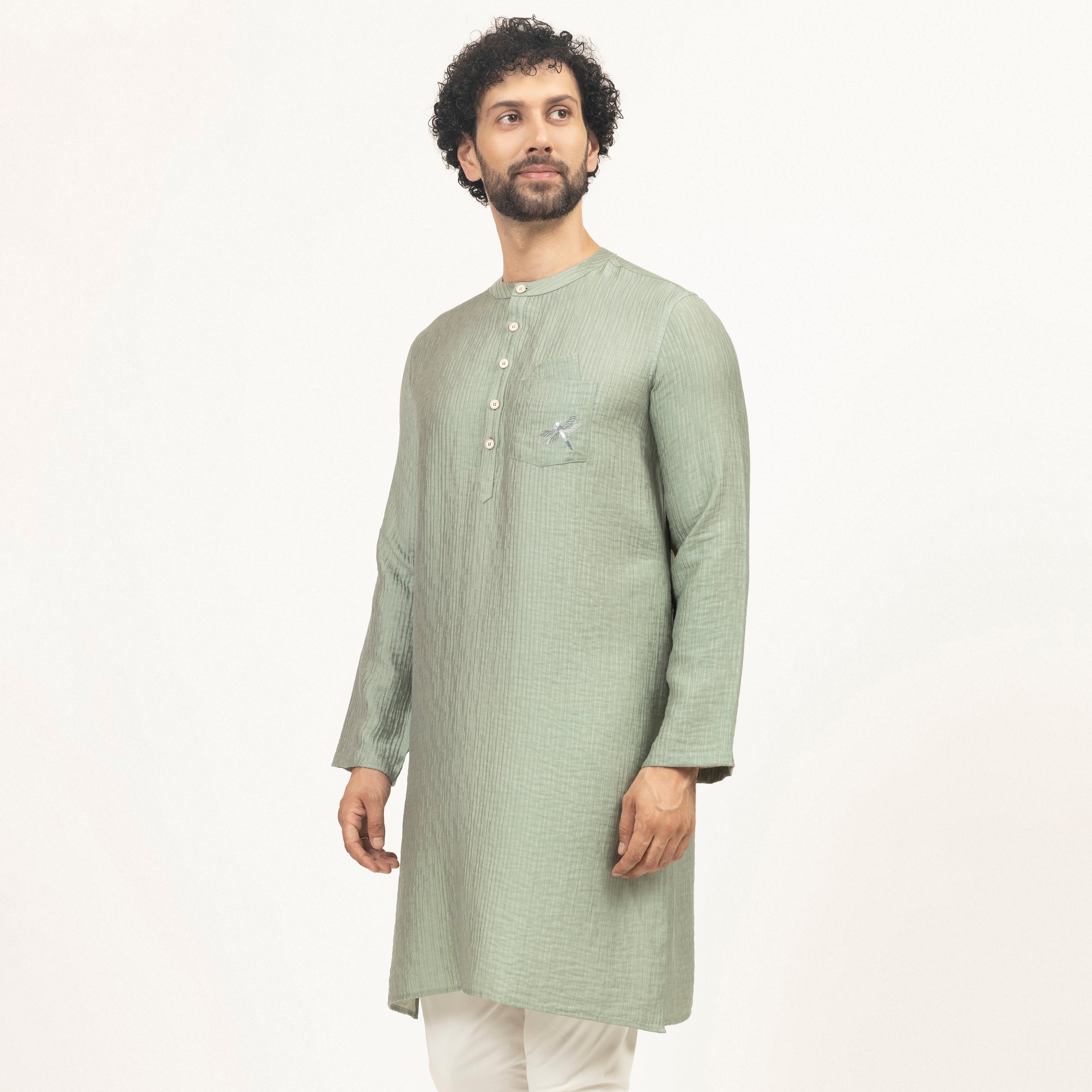 Green Double Gauze Kurta With Dragonfly Embroidery, men kurta ,designer kurta, Kurta design, kurta designs for men, men wear