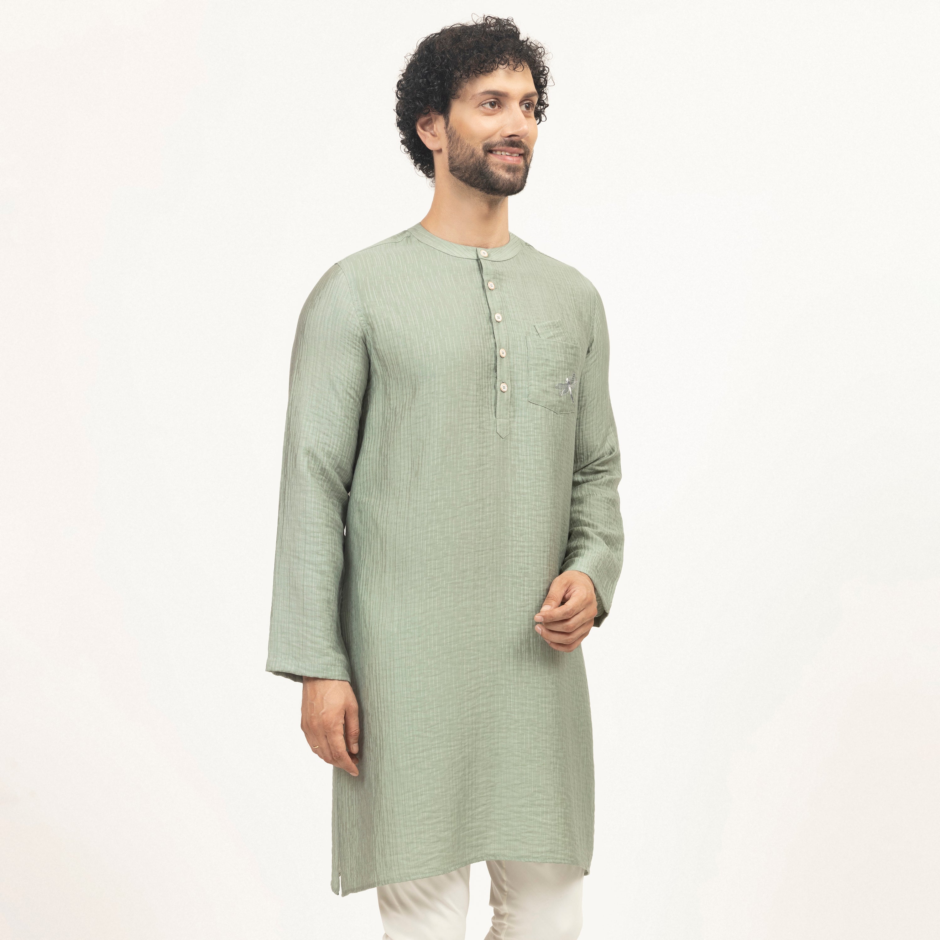 Green Double Gauze Kurta With Dragonfly Embroidery, men kurta ,designer kurta, Kurta design, kurta designs for men, men wear