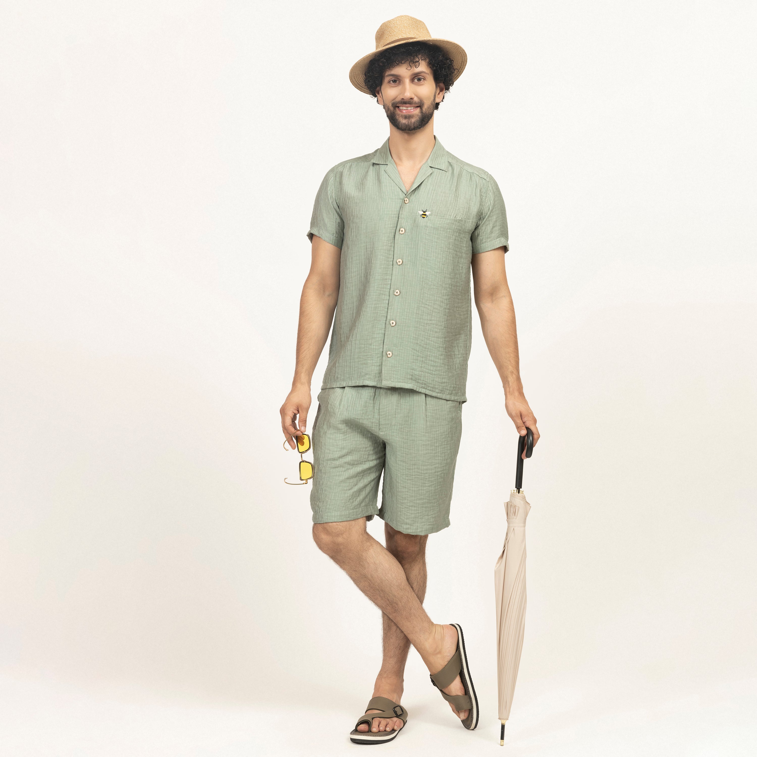 Green Double Gauze Shirt With Bee Embroidery, shirts for men, men shirts, designer shirts, stylish shirts, shirt design