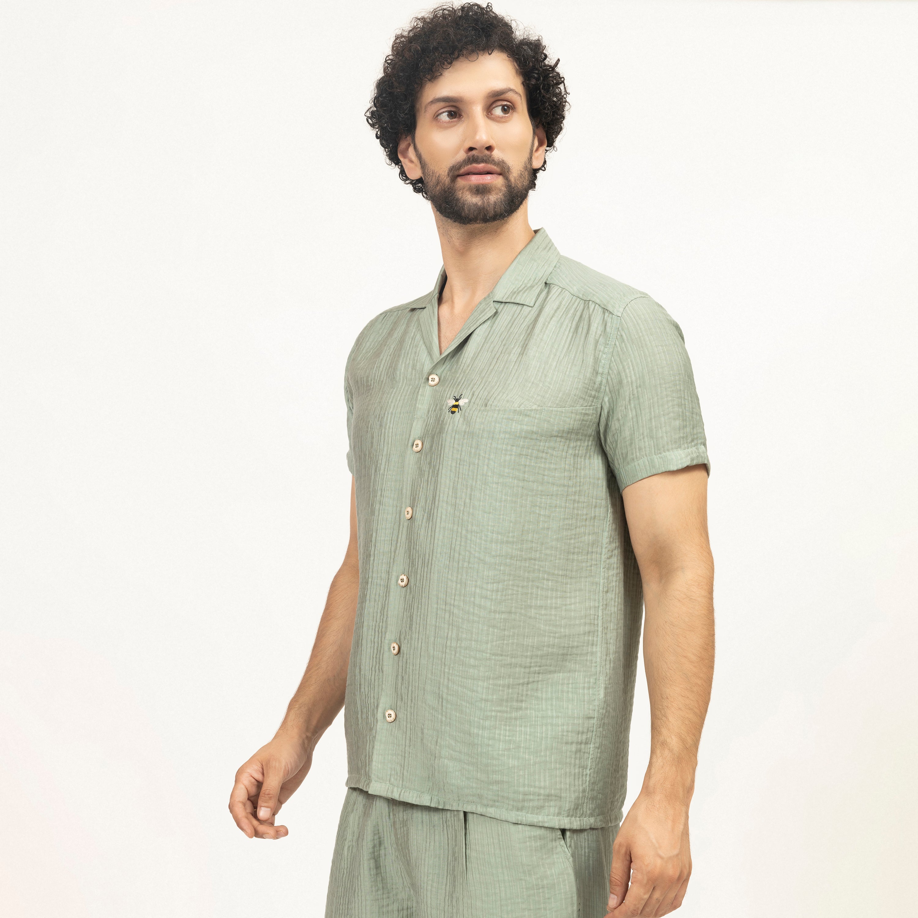 Green Double Gauze Shirt With Bee Embroidery, shirts for men, men shirts, designer shirts, stylish shirts, shirt design