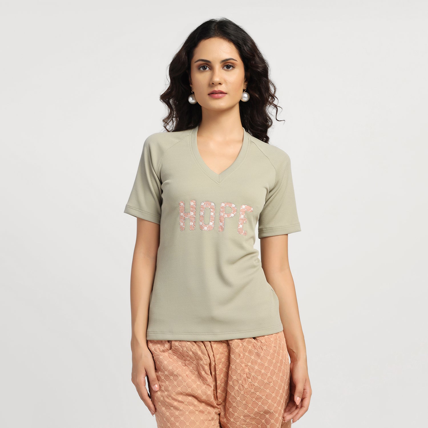 Green Embroidered Hope Ribbed Tshirt-Crop top for women