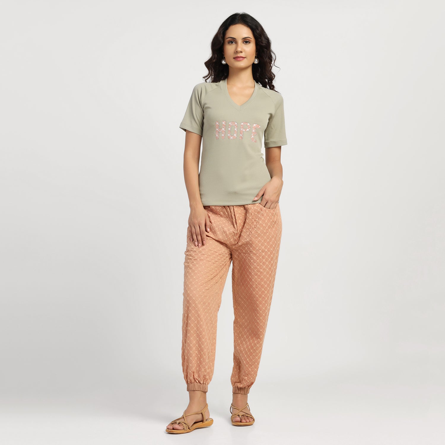 Green Embroidered Hope Ribbed T- Shirt, T-shirt for women, women T-shirts, designs, women tops, trendy t- shirt