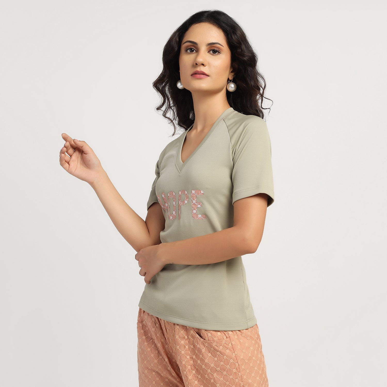 Green Embroidered Hope Ribbed T- Shirt, T-shirt for women, women T-shirts, designs, women tops, trendy t- shirt