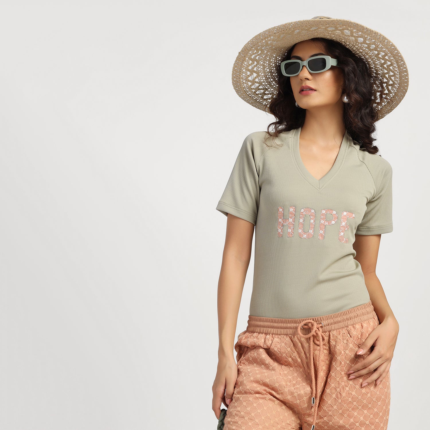 Green Embroidered Hope Ribbed T- Shirt, T-shirt for women, women T-shirts, designs, women tops, trendy t- shirt