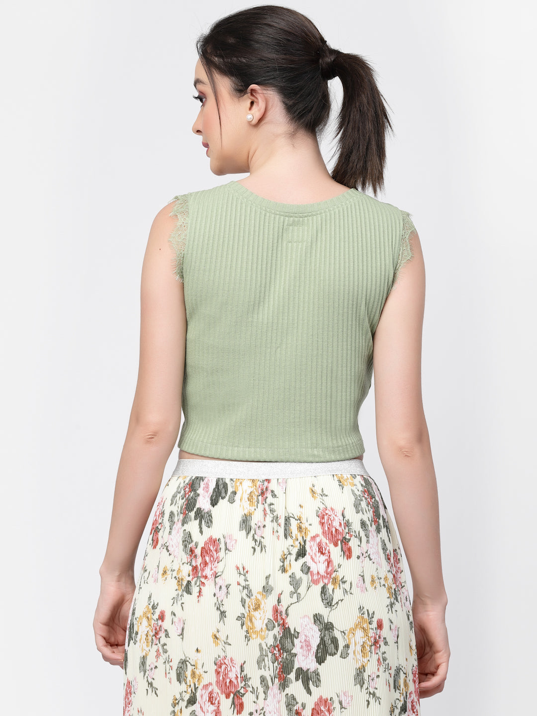 Green Knit Crop Top With Lace, tops for women, crop top, crop tops for women, organza tops