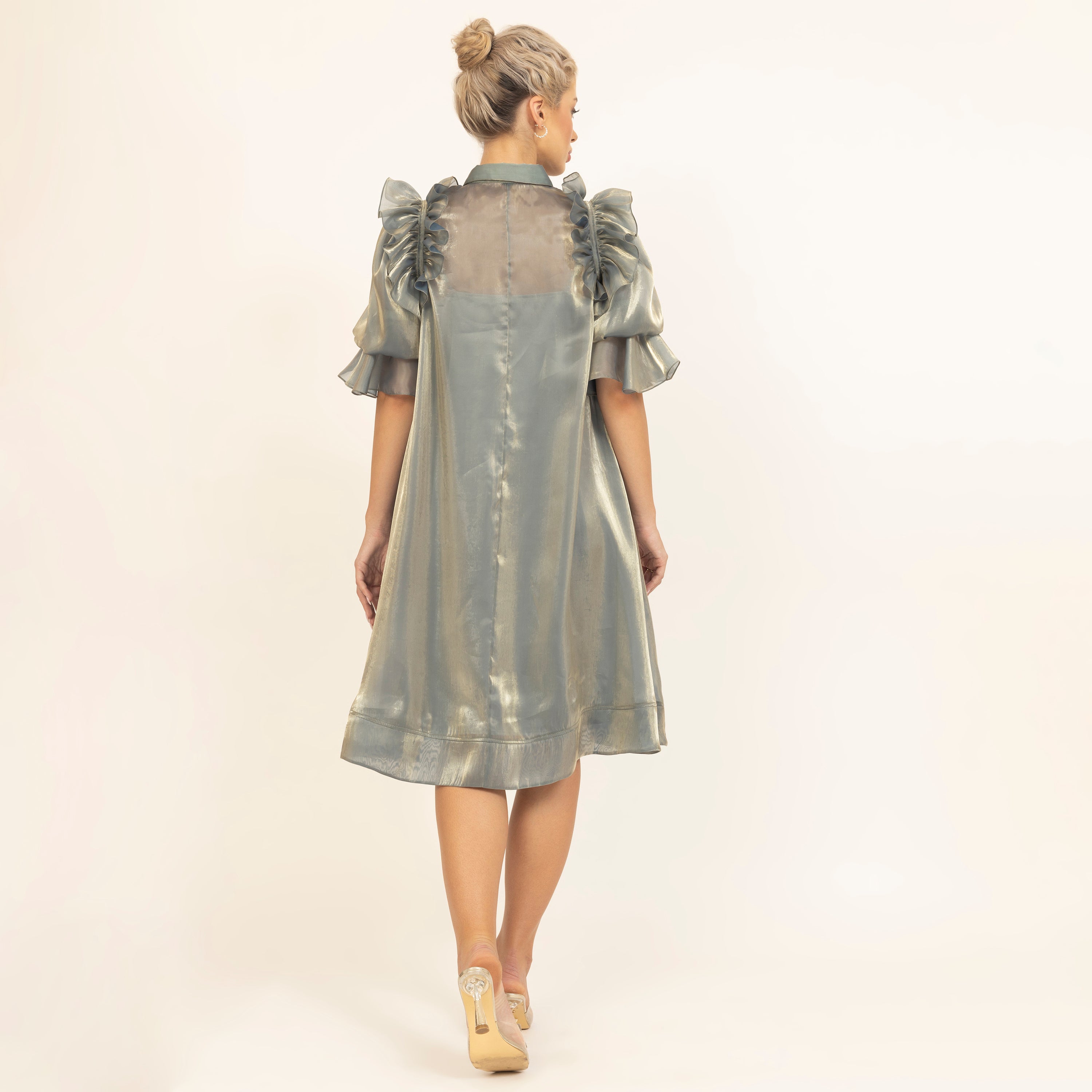 Green Satin Organza Puff Frill Jacket With Speghetti Inner, dresses for women, party wear dresses for women, dresses, one piece dress, sleeve design