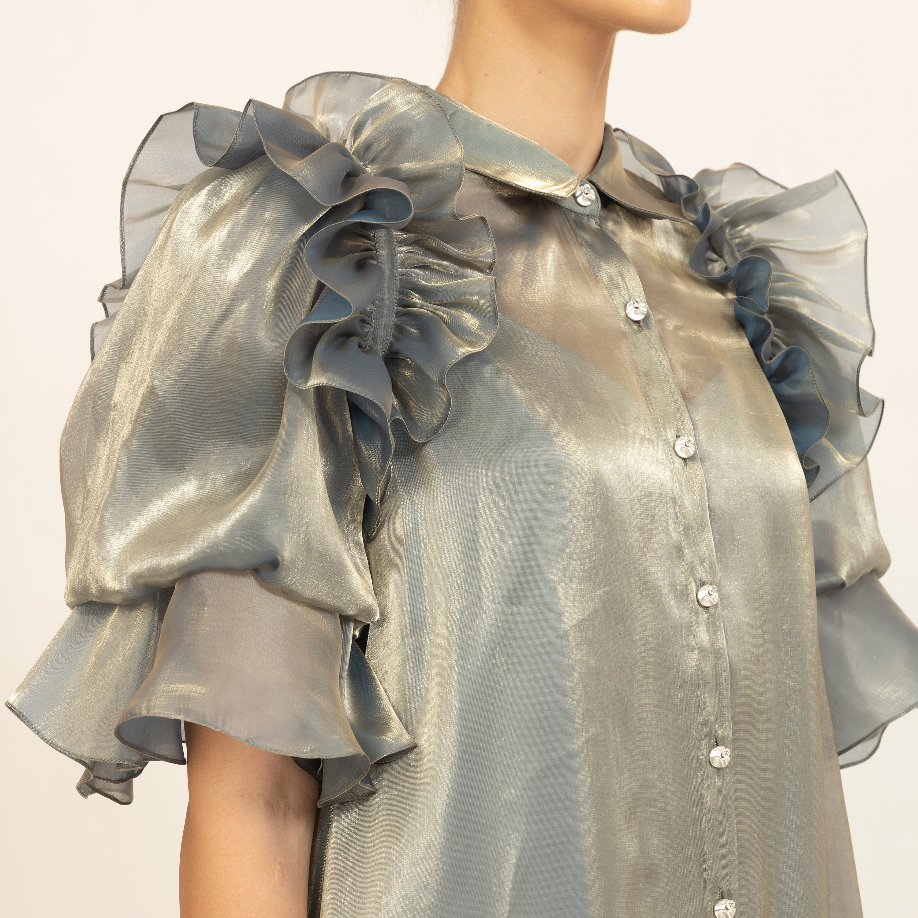 Green Satin Organza Puff Frill Jacket -3