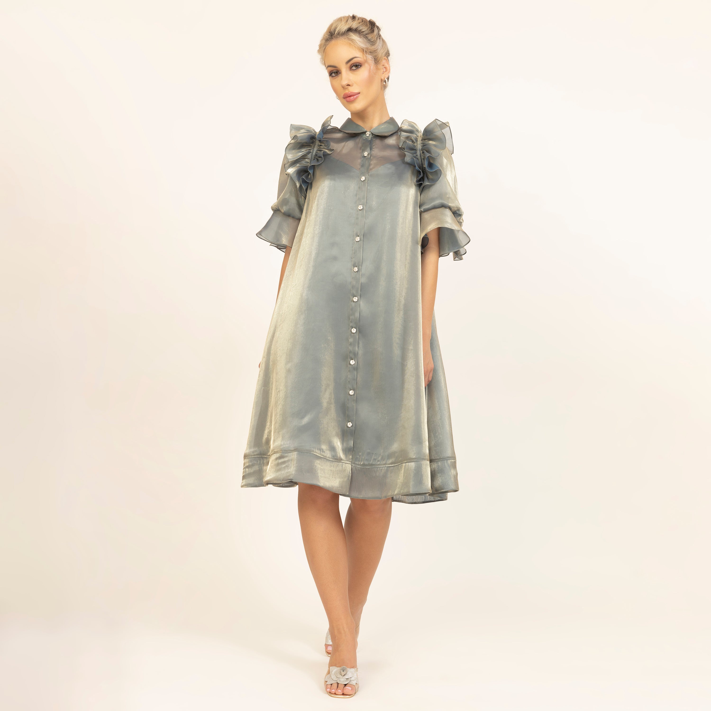 Green Satin Organza Puff Frill Jacket With Speghetti Inner, dresses for women, party wear dresses for women, dresses, one piece dress, sleeve design