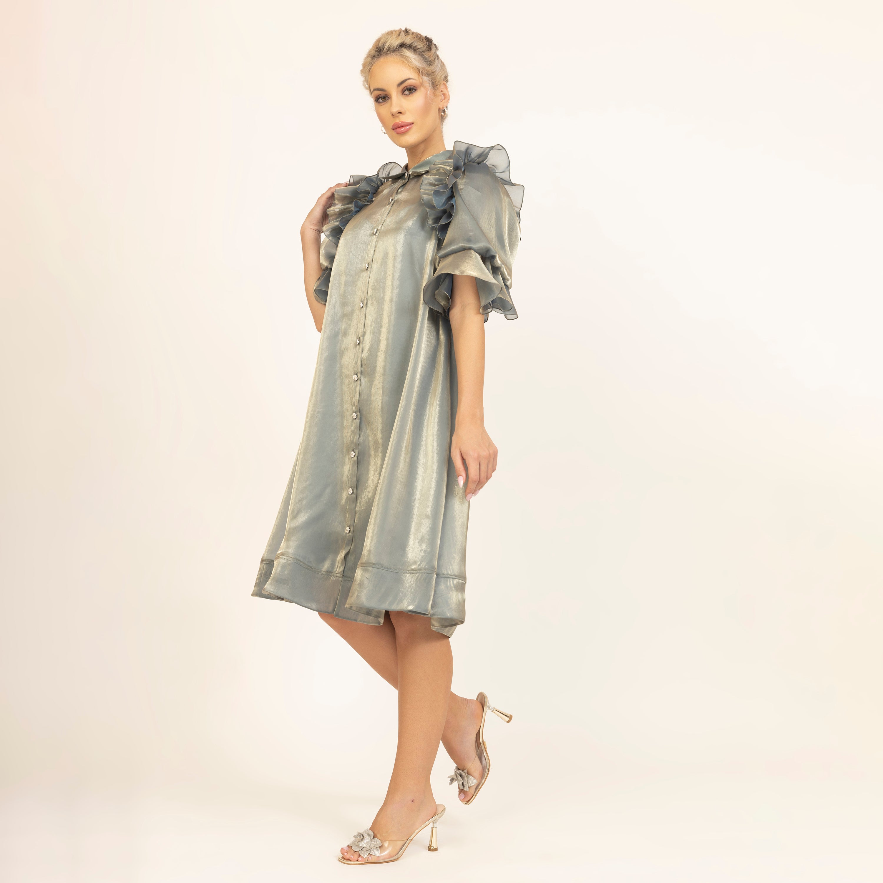 Green Satin Organza Puff Frill Jacket With Speghetti Inner, dresses for women, party wear dresses for women, dresses, one piece dress, sleeve design