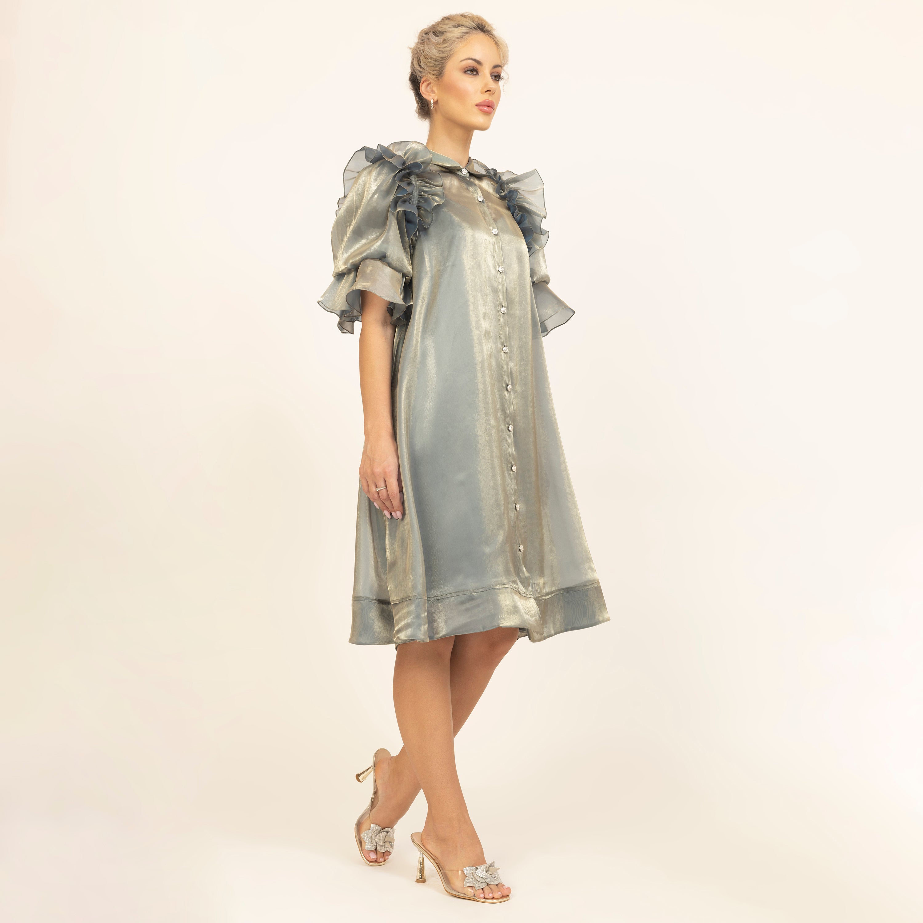 Green Satin Organza Puff Frill Jacket With Speghetti Inner, dresses for women, party wear dresses for women, dresses, one piece dress, sleeve design